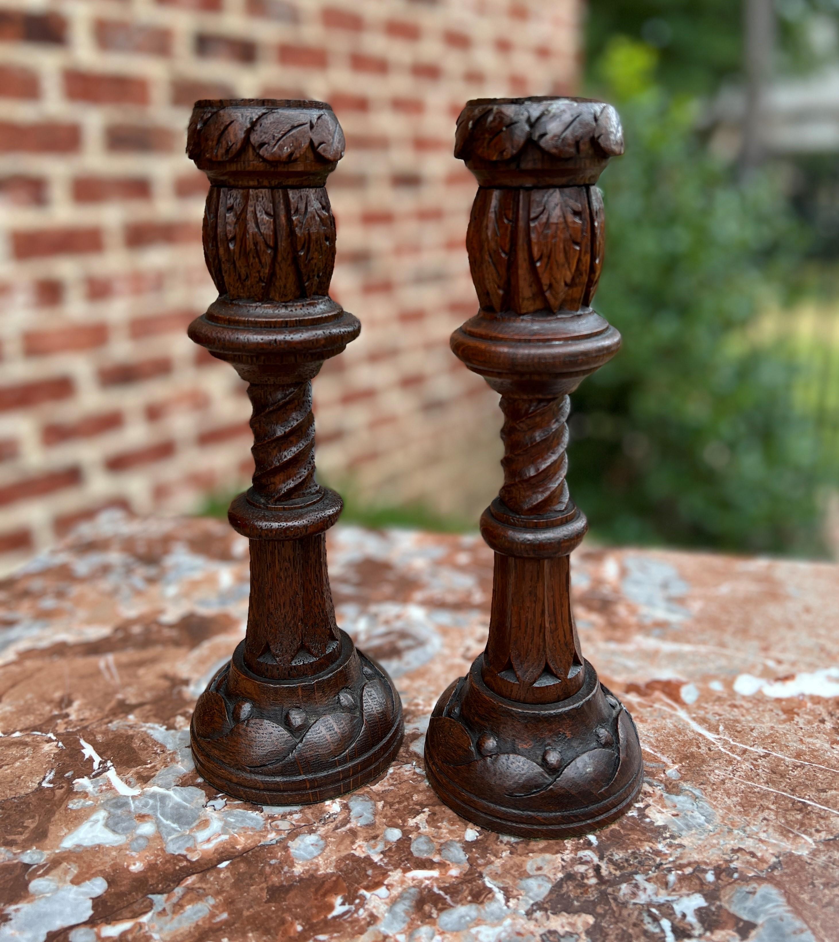 Arts and Crafts Antique English Gothic Revival Candlesticks Candle Holders Oak Pair For Sale