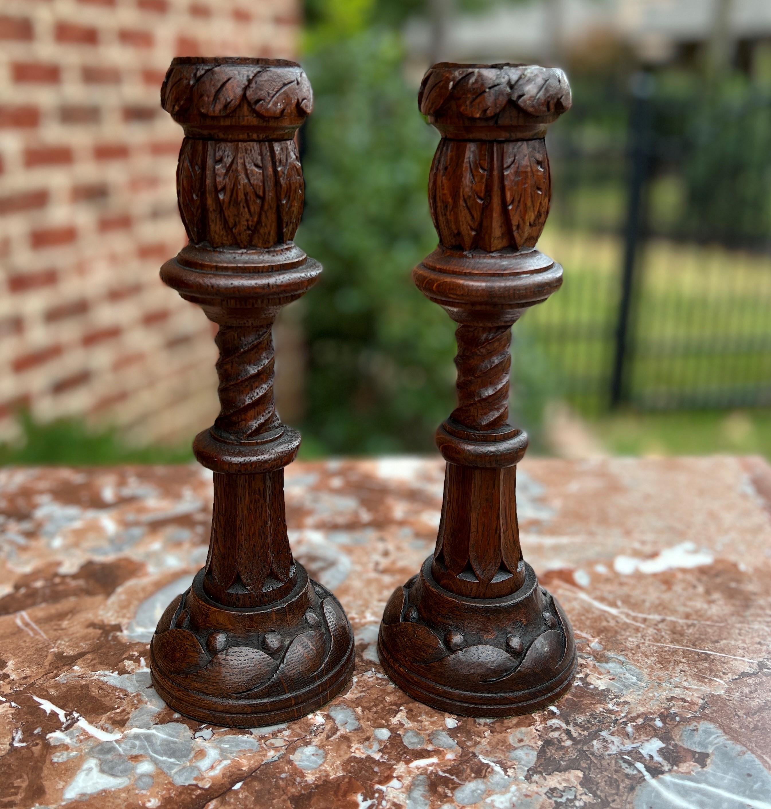 Carved Antique English Gothic Revival Candlesticks Candle Holders Oak Pair For Sale