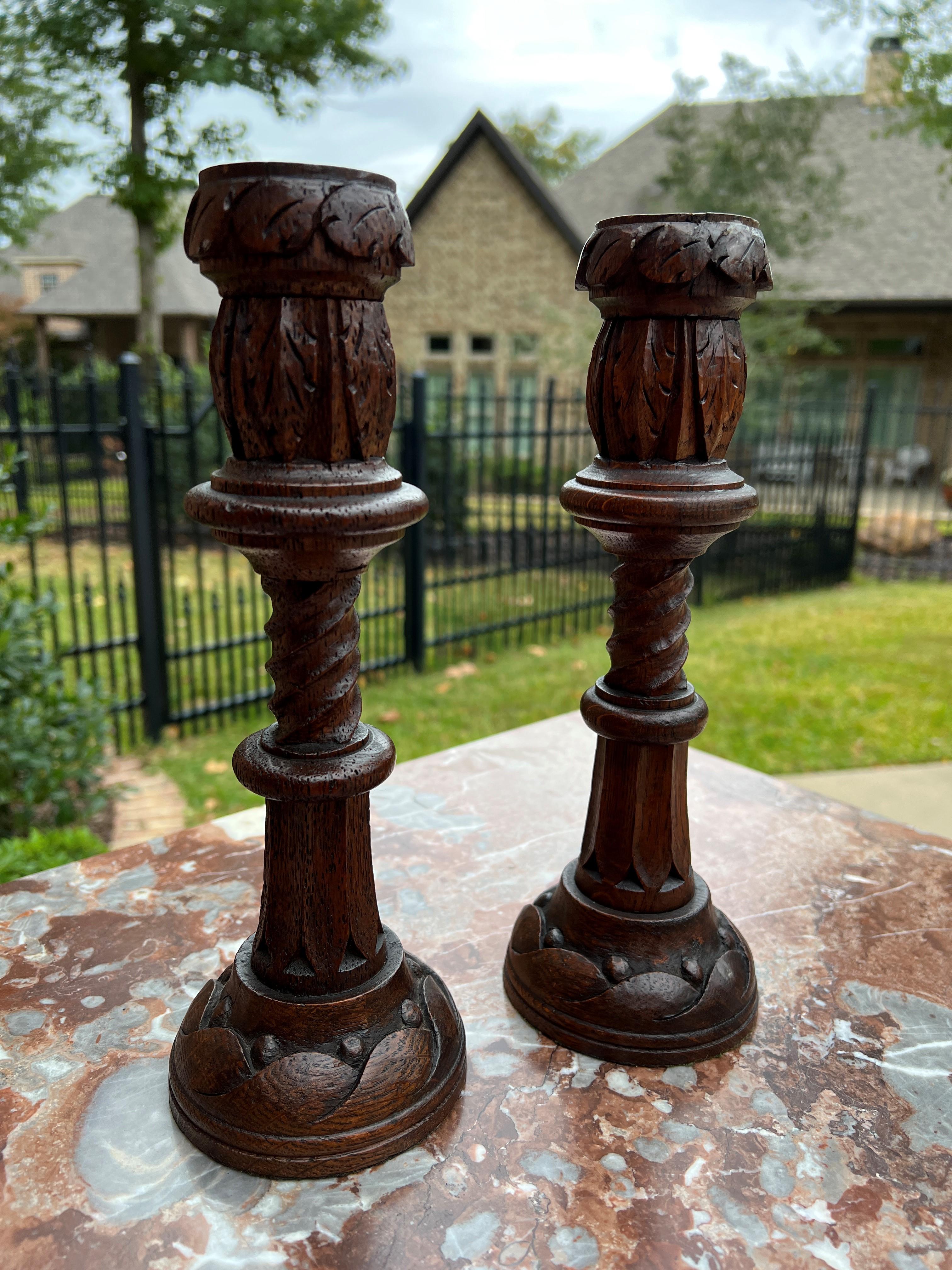 Early 20th Century Antique English Gothic Revival Candlesticks Candle Holders Oak Pair For Sale