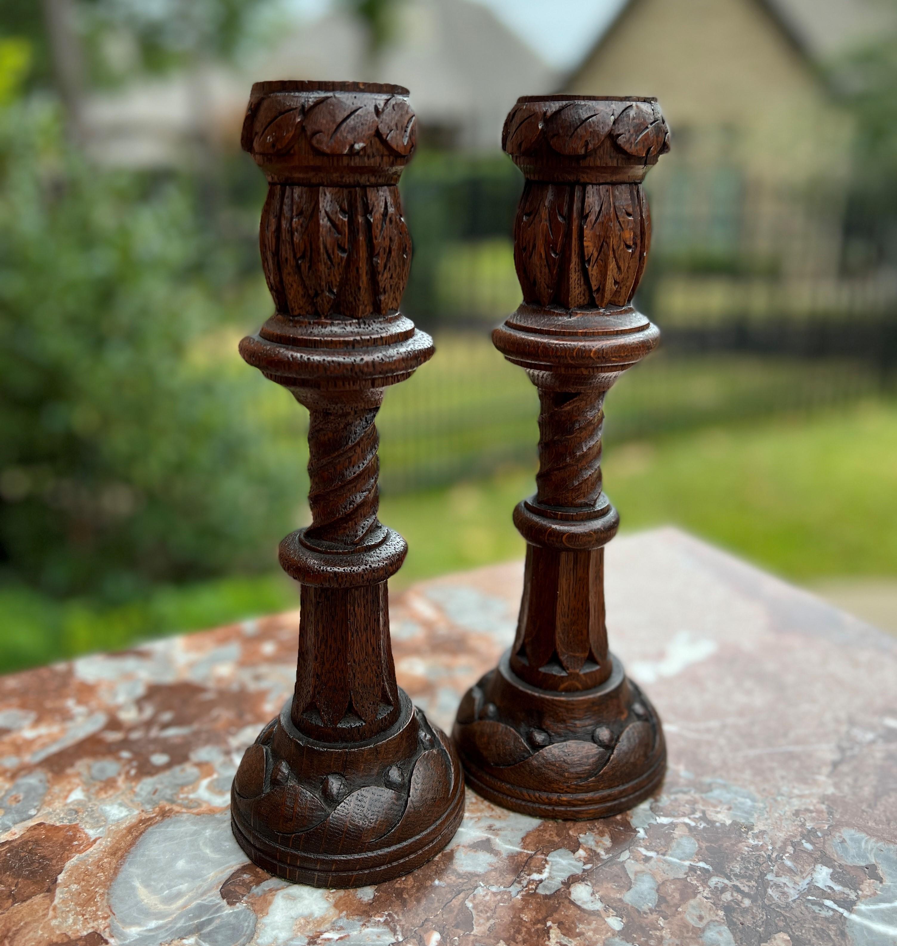Antique English Gothic Revival Candlesticks Candle Holders Oak Pair For Sale 2