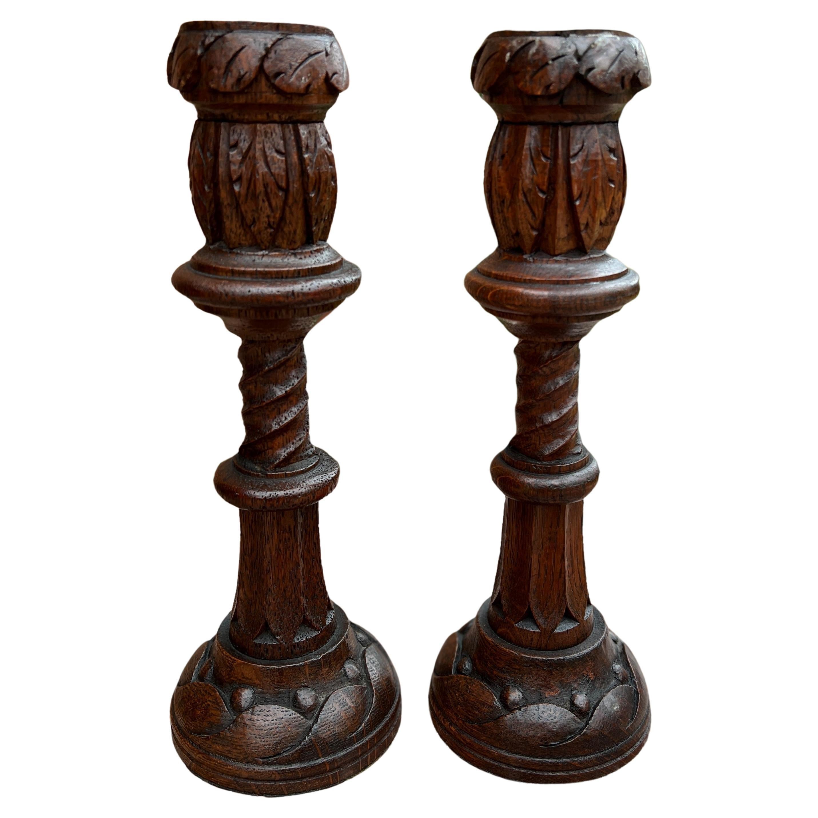 Antique English Gothic Revival Candlesticks Candle Holders Oak Pair For Sale