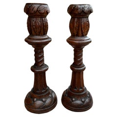 Antique English Gothic Revival Candlesticks Candle Holders Oak Pair