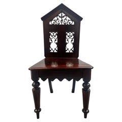 Antique English Gothic Revival Carved Oak Hall Chair with Pierced Tracery Back