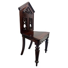 Antique English Gothic Revival Carved Oak Hall Chair with Pierced Tracery Back