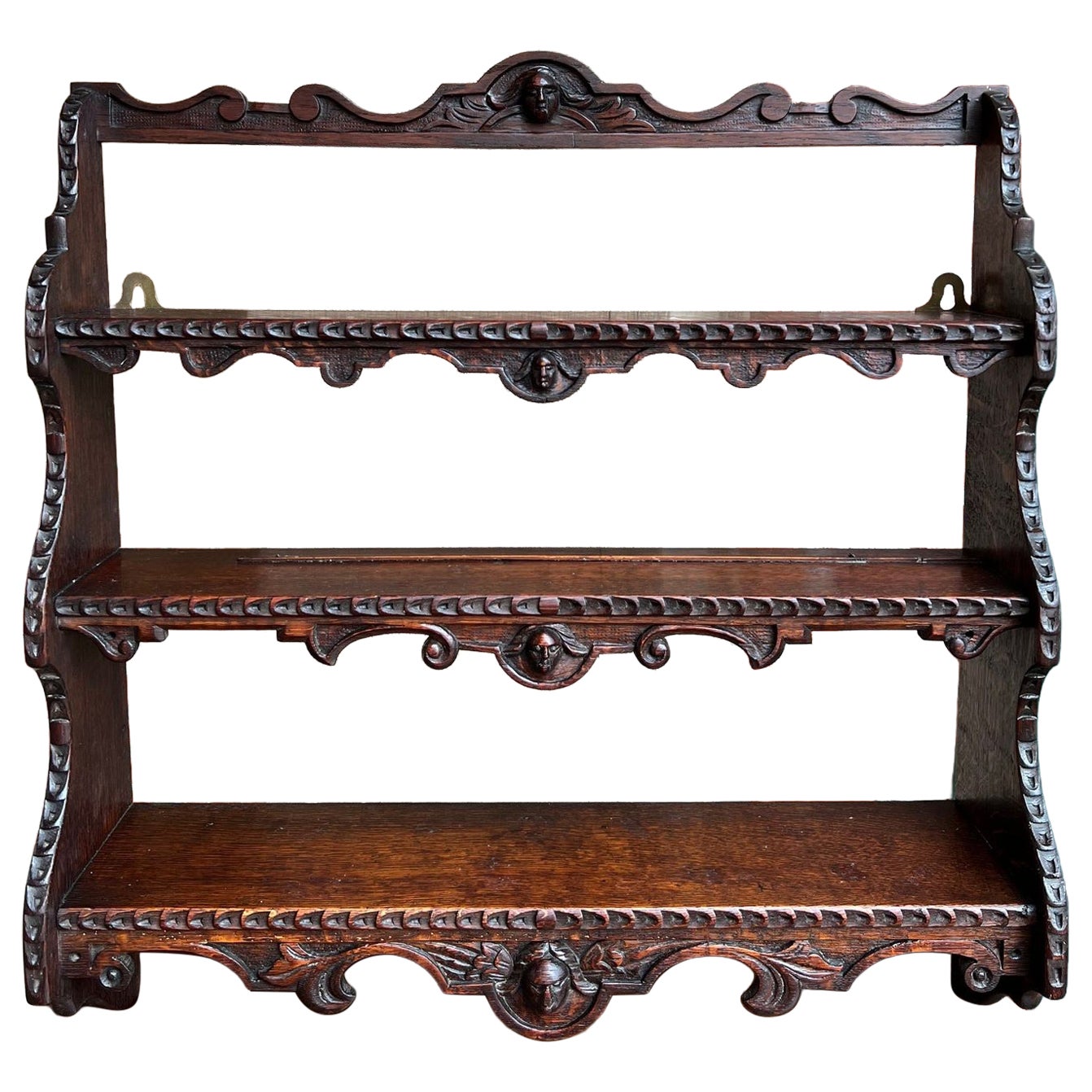 Antique English Gothic Revival Wall Shelf Carved Oak Hanging Display Rack c1880