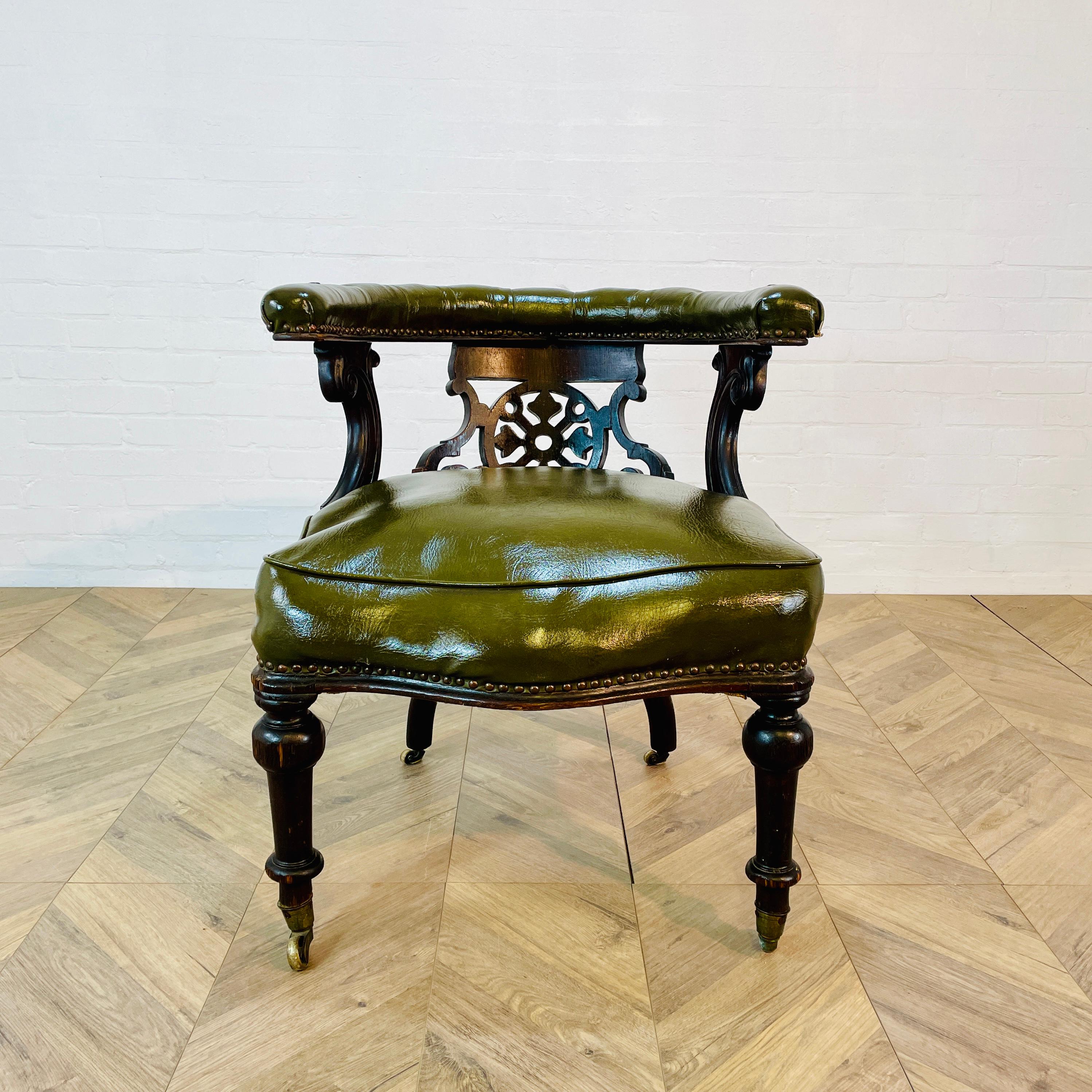 Antique English Green Leather Library Armchair on Castors, 19th Century For Sale 6