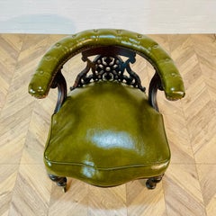 Antique English Green Leather Library Armchair on Castors, 19th Century