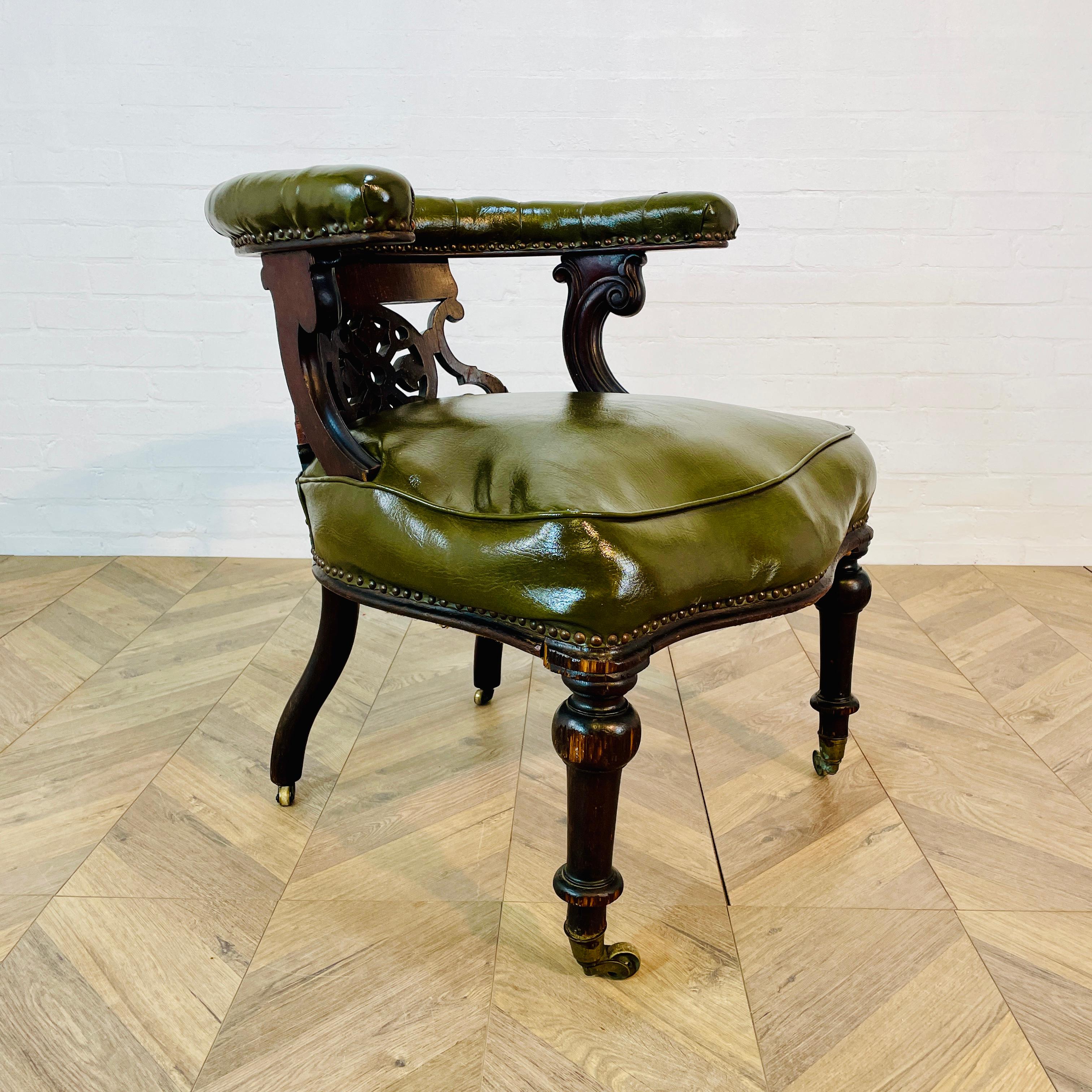 Antique English Green Leather Library Armchair on Castors, 19th Century For Sale 2