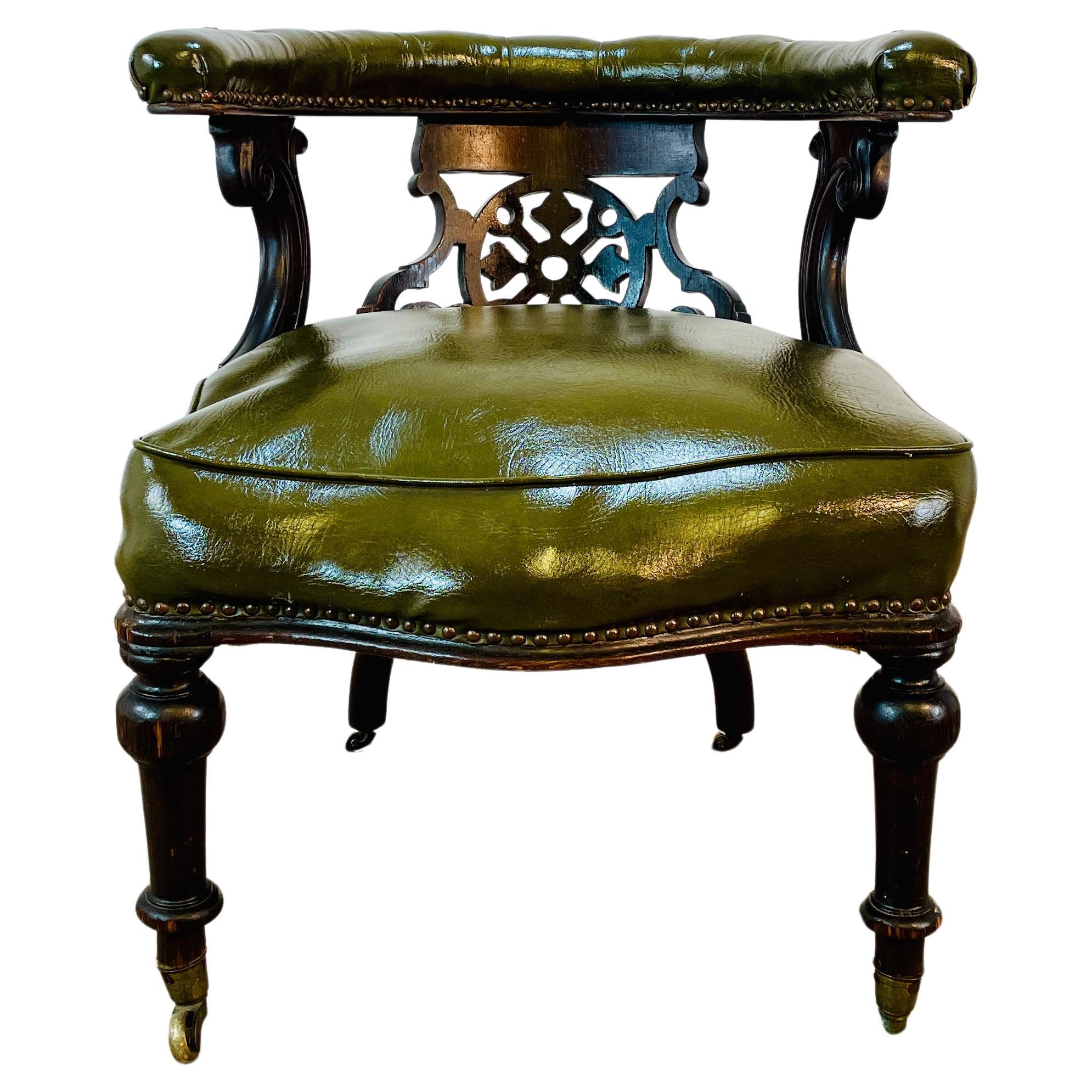 Antique English Green Leather Library Armchair on Castors, 19th Century