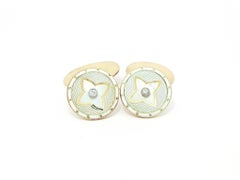 Antique English Guilloche Solid Gold Mother of Pearl Diamond Enamel Cufflinks
