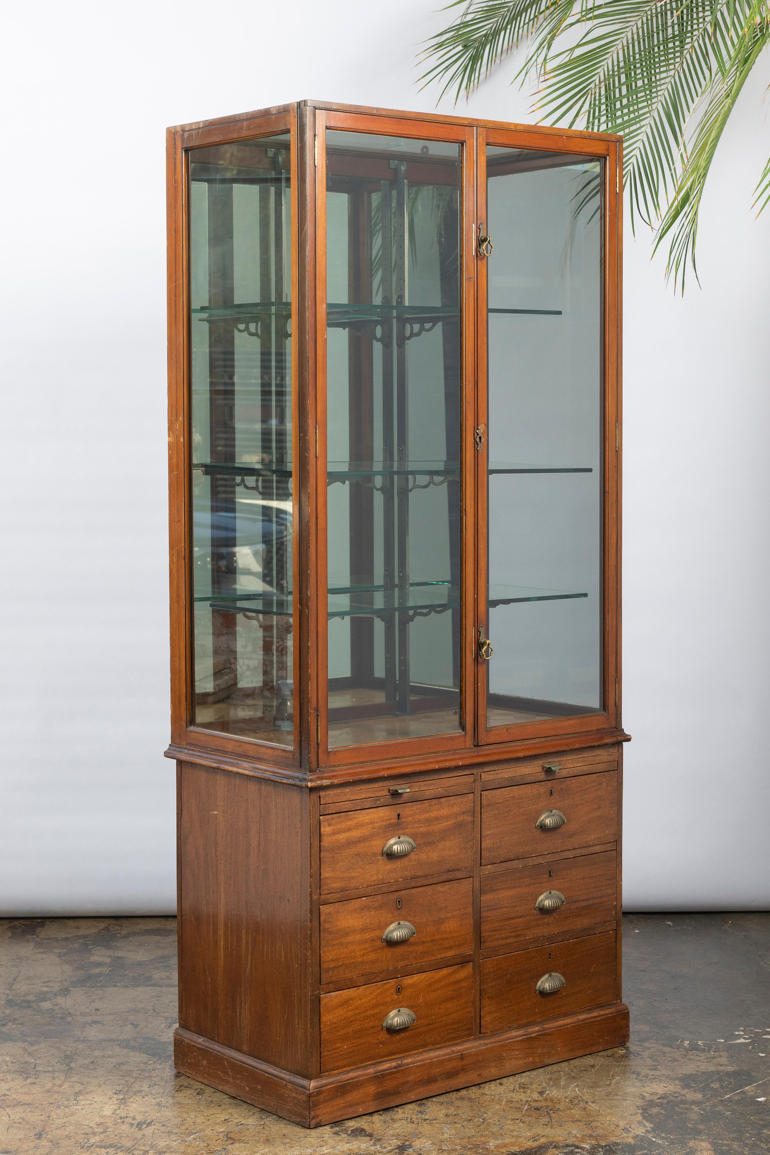 20th Century Antique English Haberdashery or Apothecary Cabinet, with Wood and Glass For Sale