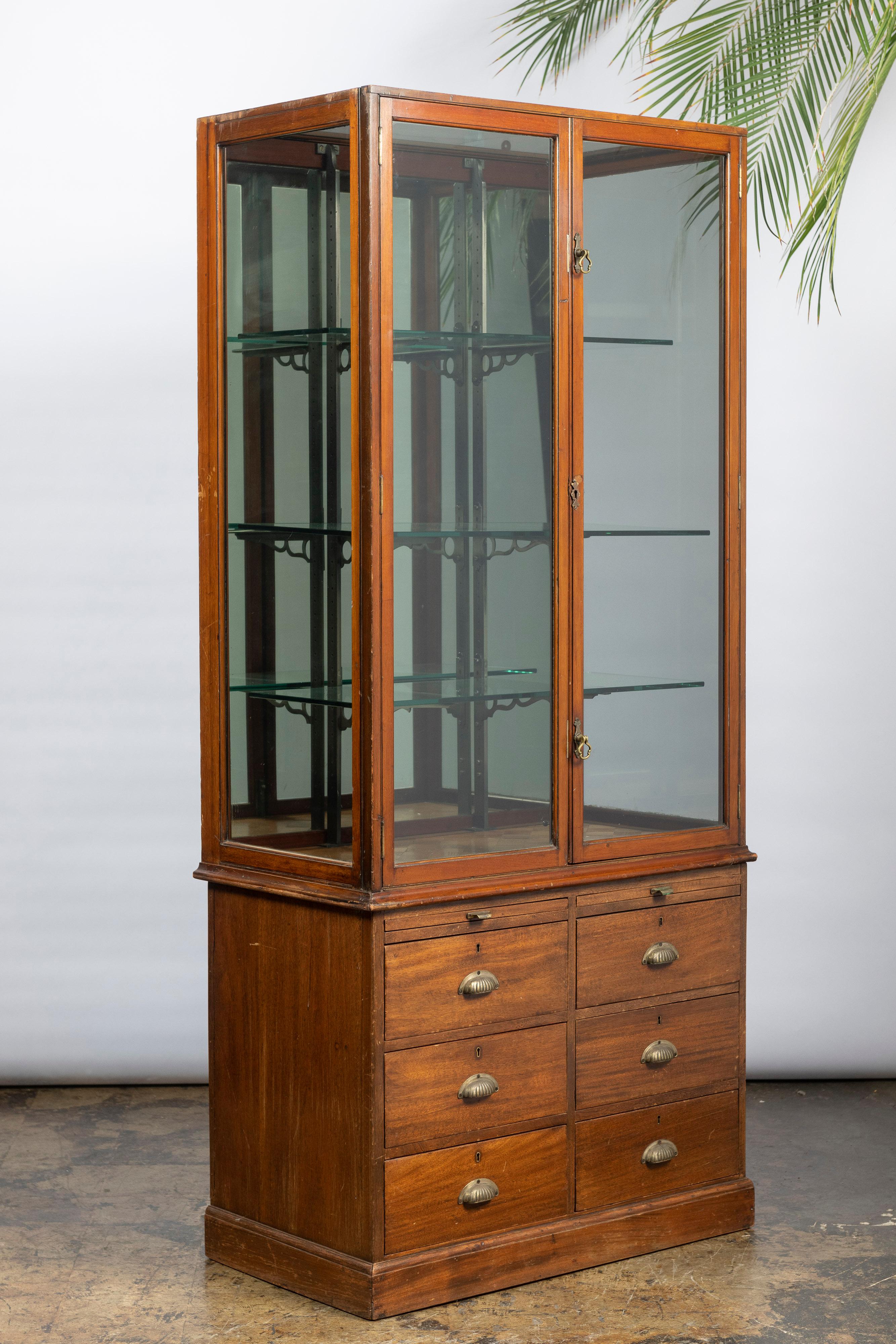 Cut Glass Antique English Haberdashery or Apothecary Cabinet, with Wood and Glass For Sale