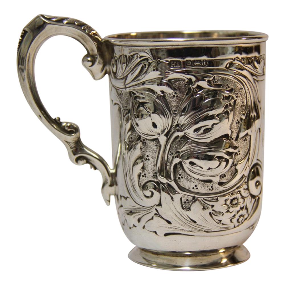 Antique English Hall Marked Silver Tankard with Engraved Decoration For Sale