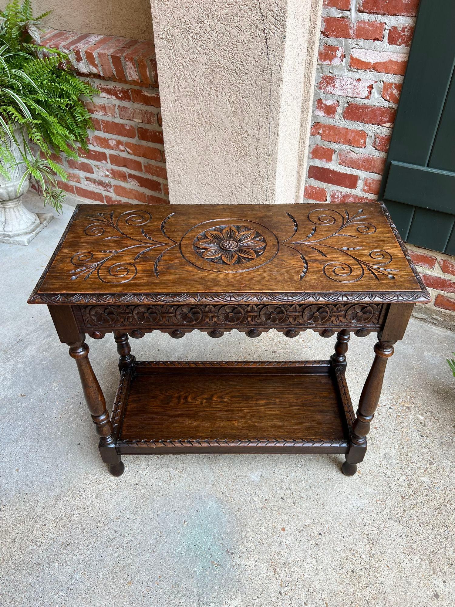 Antique English Hall Sofa Table Petite Carved Oak Library Arts and Crafts style 7