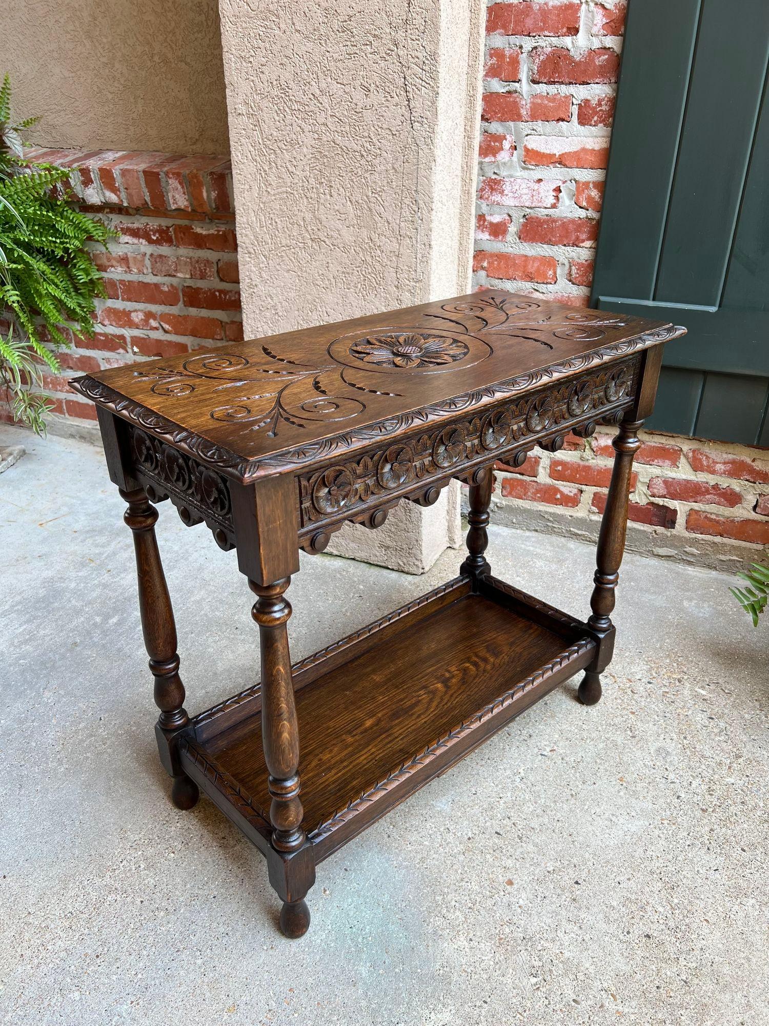 Jacobean Antique English Hall Sofa Table Petite Carved Oak Library Arts and Crafts style