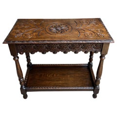 Antique English Hall Sofa Table Petite Carved Oak Library Arts and Crafts style