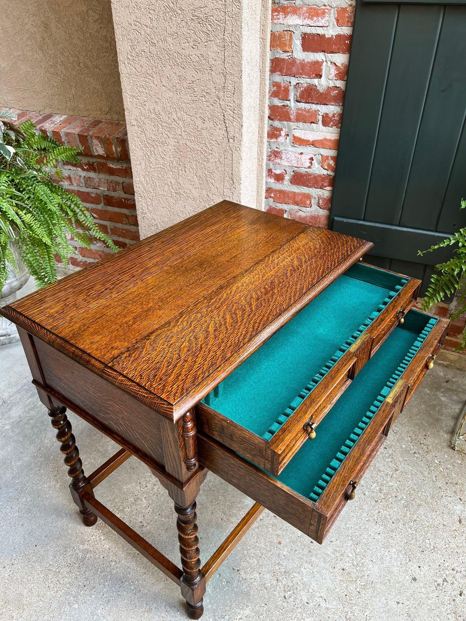 Antique English Hall Table Cutlery Chest Cabinet Barley Twist Jacobean Tiger Oak In Good Condition In Shreveport, LA