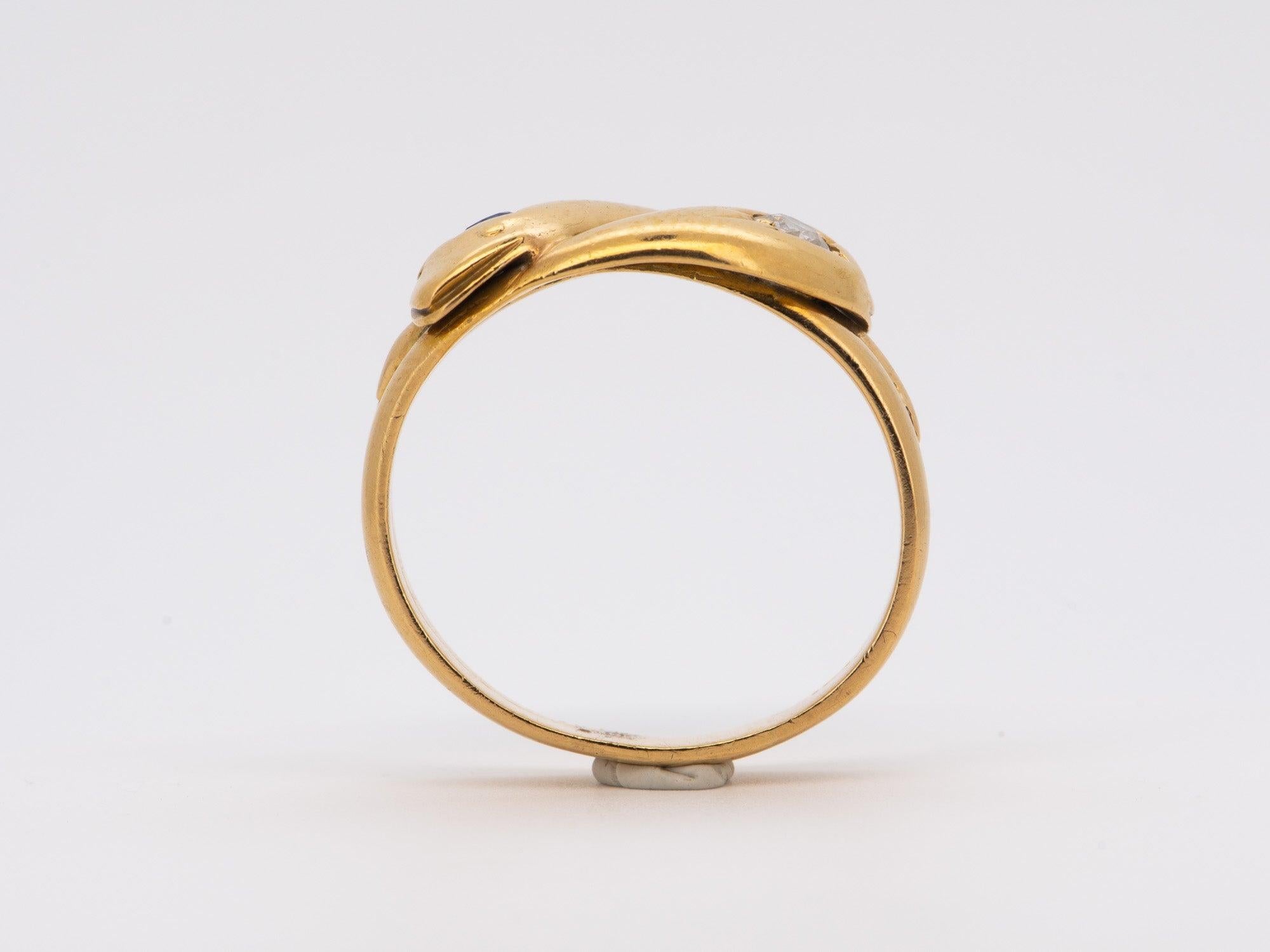 ♥ Antique English Hallmarked 18K Diamond and Sapphire Double Snake Coil Ring  
♥ The item measures 11.6mm in length (North South direction), 19mm in width (East West direction), and stands 2.9mm tall from the finger.

♥ US Size 10 (Free resizing up
