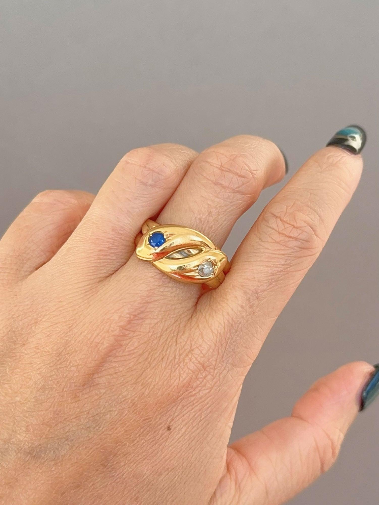 Antique English Hallmarked 18K Diamond and Sapphire Double Snake Coil Ring V1141 In Good Condition In Osprey, FL
