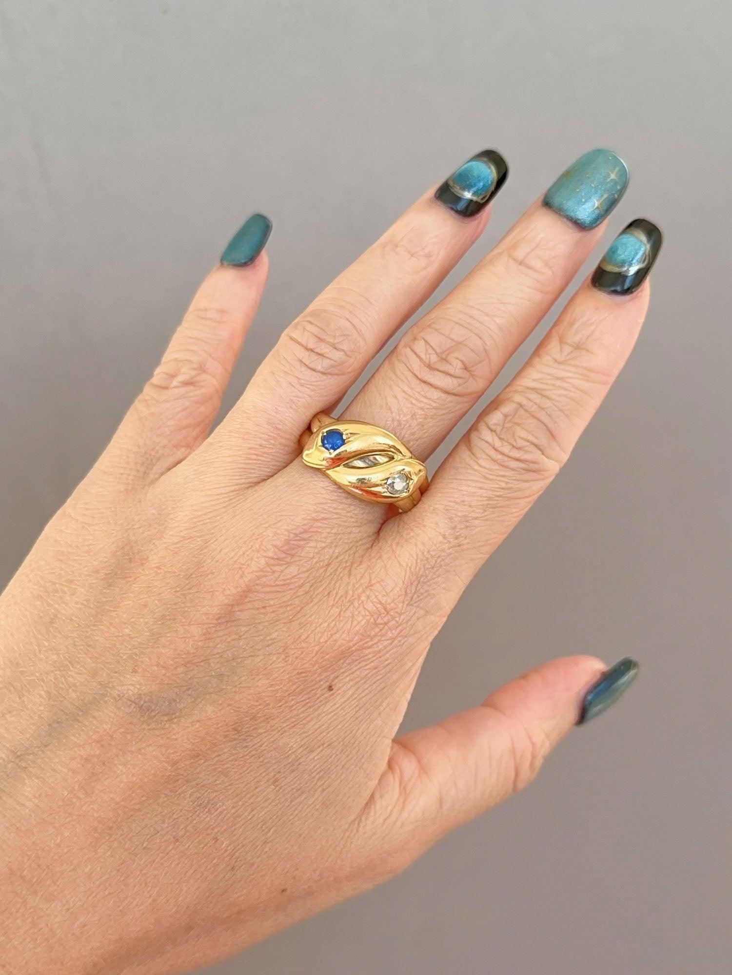 Women's or Men's Antique English Hallmarked 18K Diamond and Sapphire Double Snake Coil Ring V1141