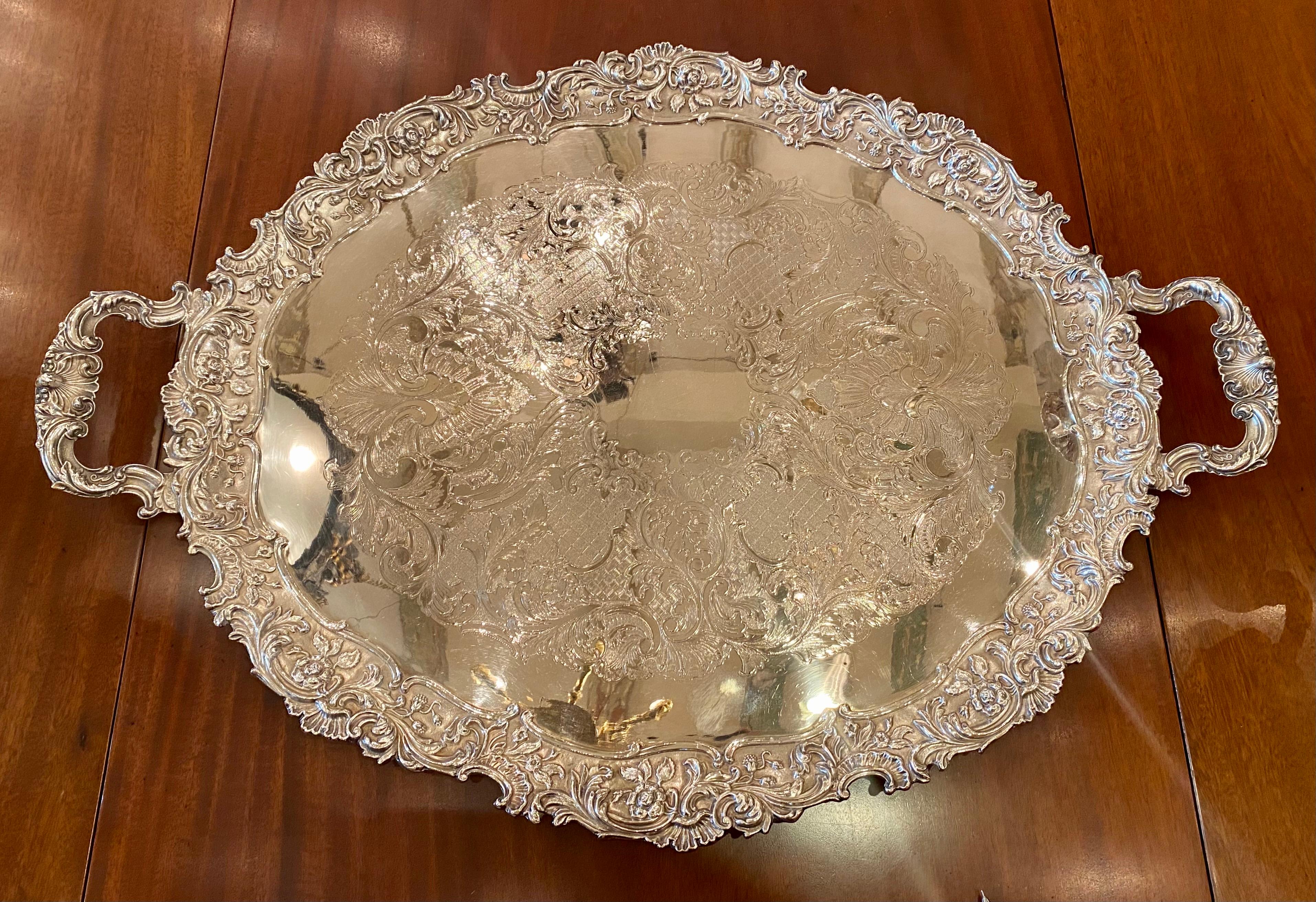 Large antique English Hallmarked Sheffield silver-plate service tray, Circa 1900-1910.