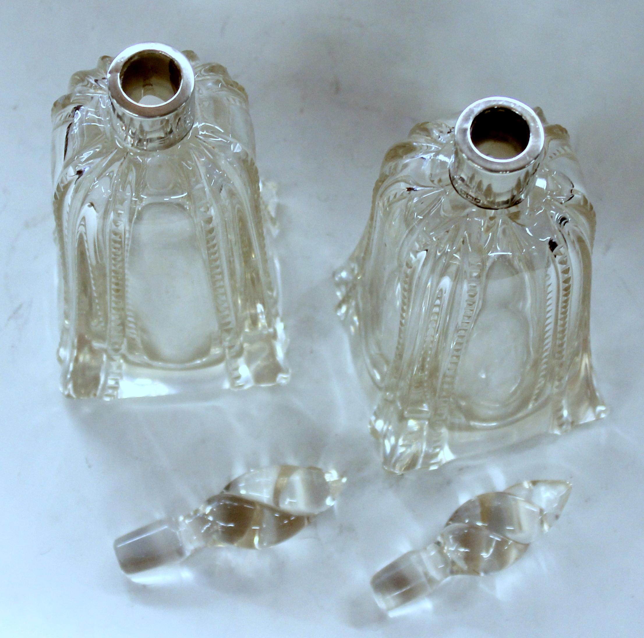 Antique English Hallmarked Sterling Collared and Cut Crystal Scent Bottles, Pair 4