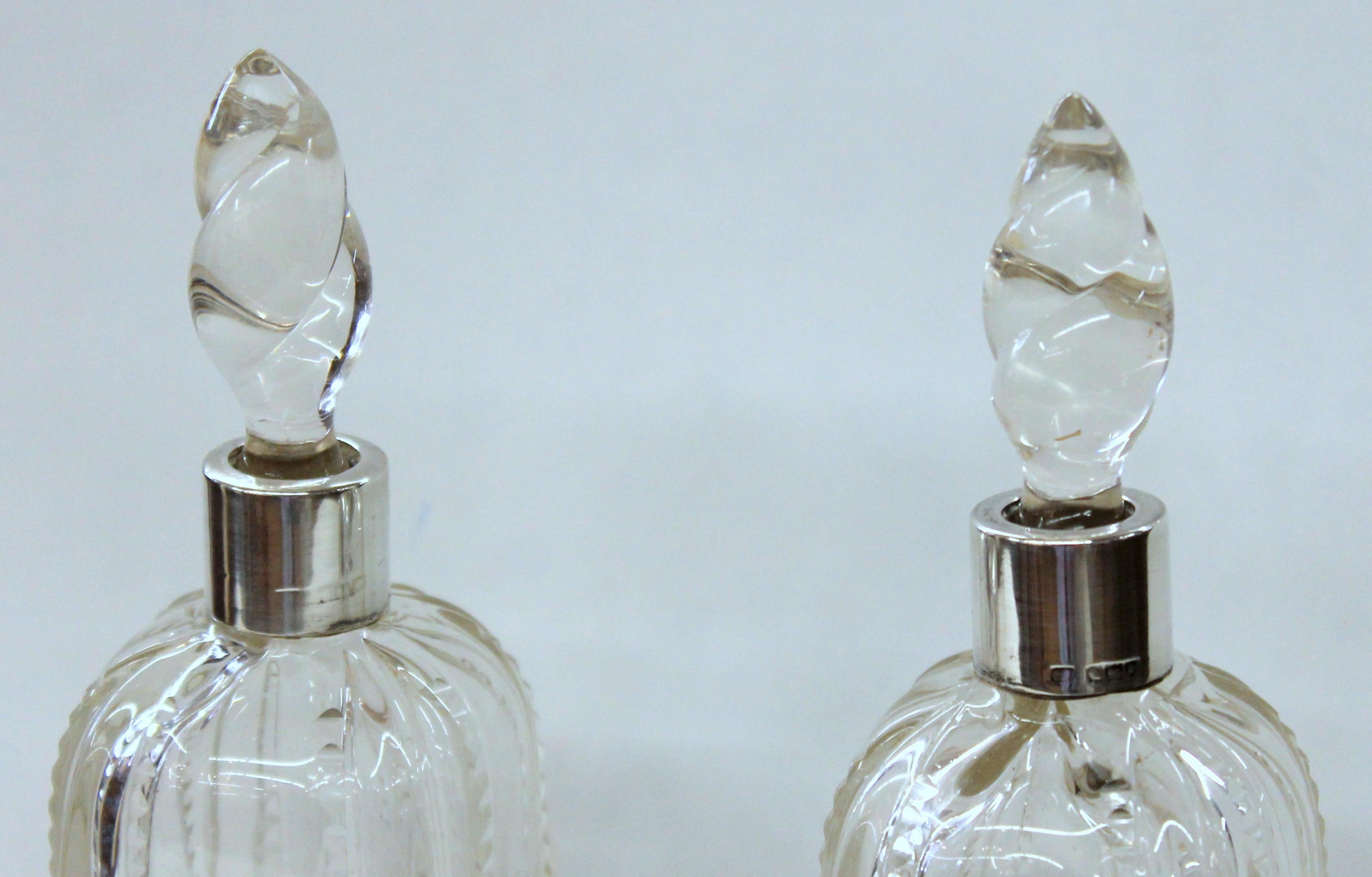 Hand-Crafted Antique English Hallmarked Sterling Collared and Cut Crystal Scent Bottles, Pair