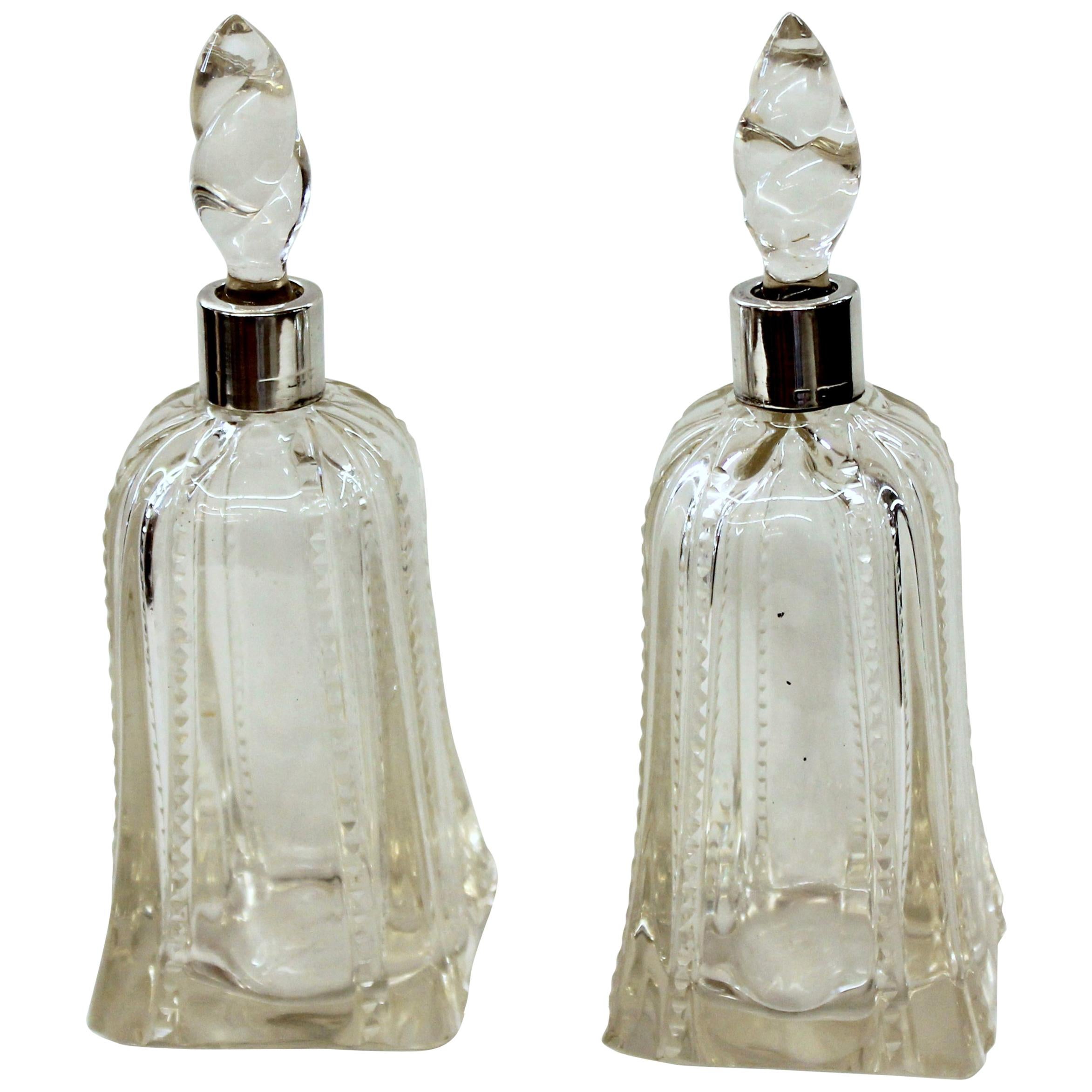 Antique English Hallmarked Sterling Collared and Cut Crystal Scent Bottles, Pair