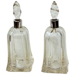 Antique English Hallmarked Sterling Collared and Cut Crystal Scent Bottles, Pair