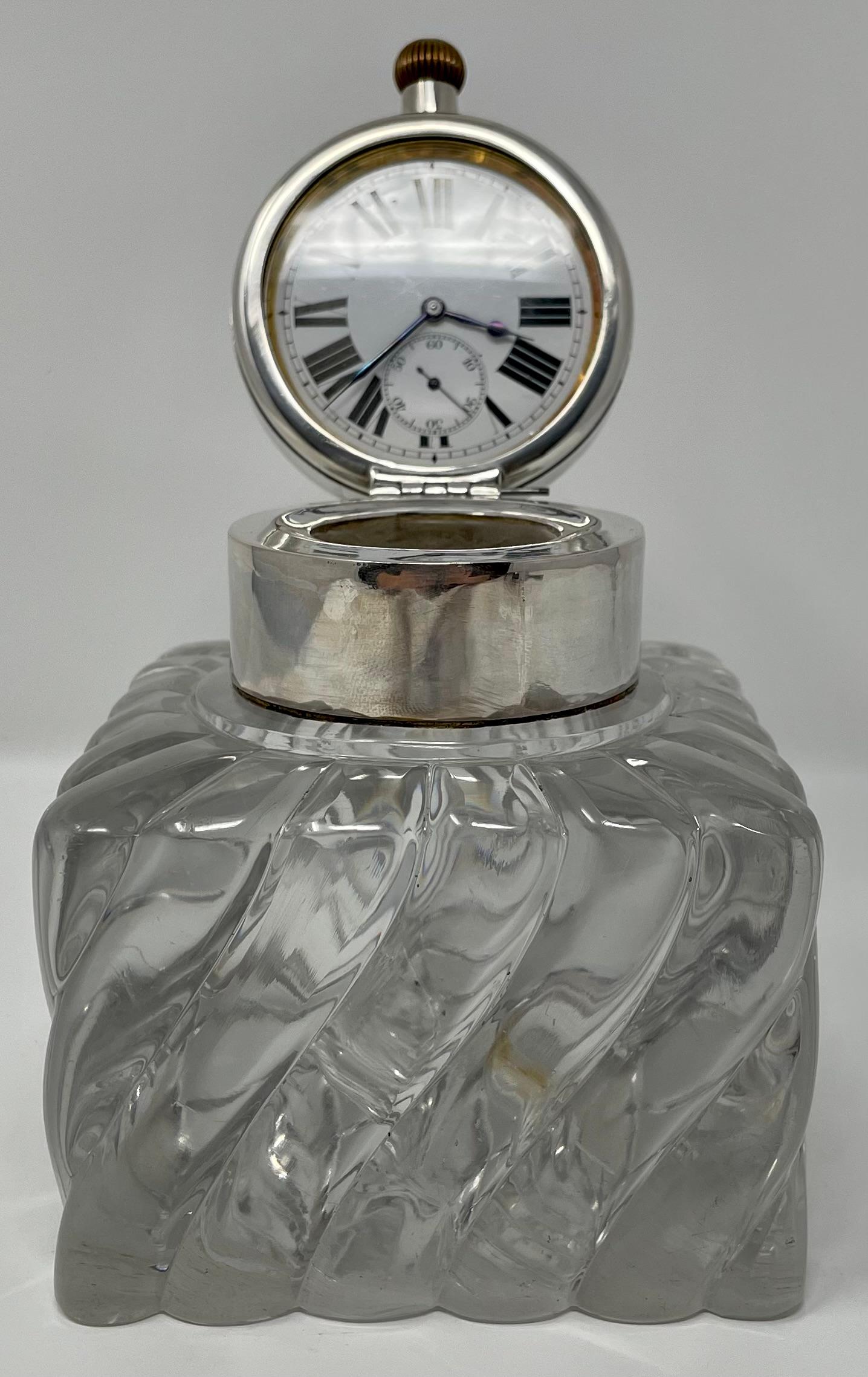 Antique English hallmarked sterling silver & cut crystal clock inkwell, circa 1900.
