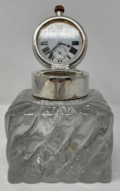 Antique English Hallmarked Sterling Silver & Crystal Clock Inkwell, Circa 1900