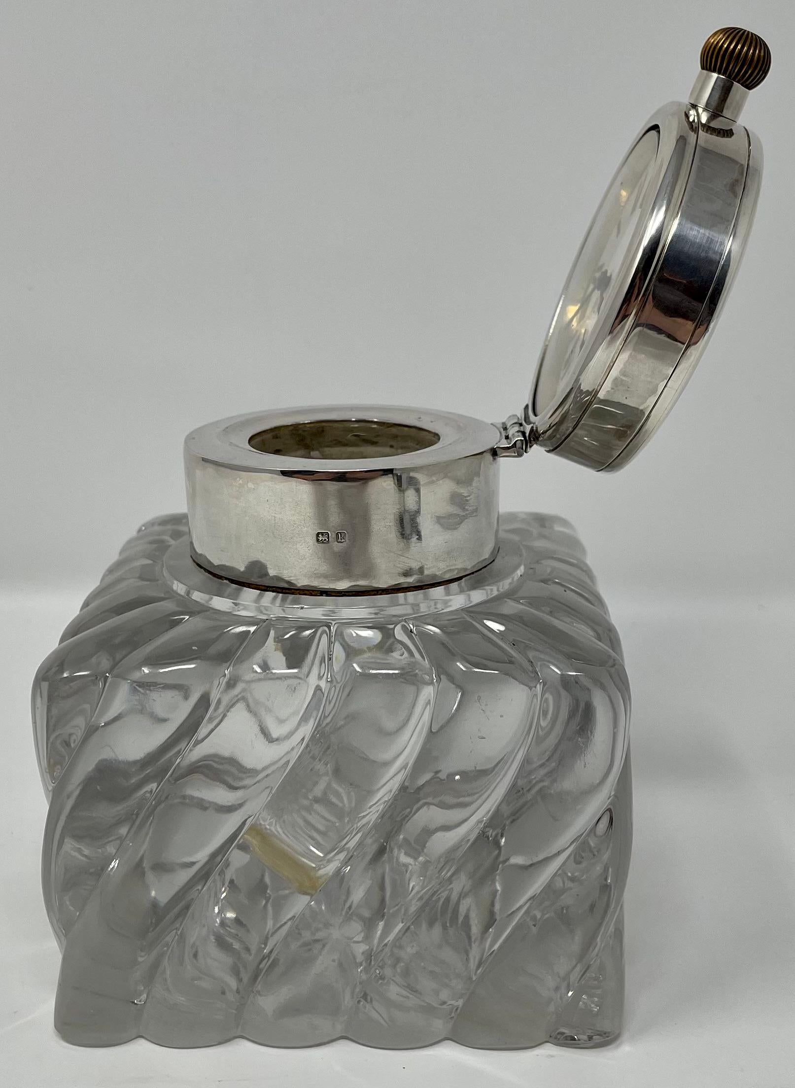 Antique English Hallmarked Sterling Silver & Crystal Clock Inkwell, Circa 1900 In Good Condition For Sale In New Orleans, LA