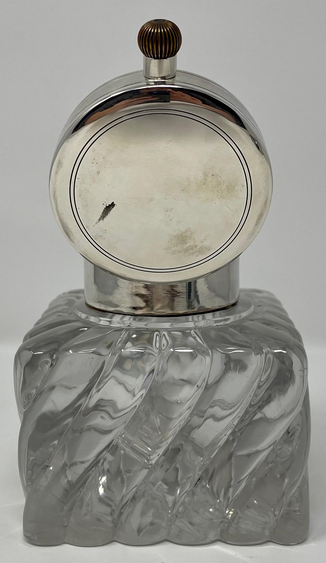 20th Century Antique English Hallmarked Sterling Silver & Crystal Clock Inkwell, Circa 1900 For Sale