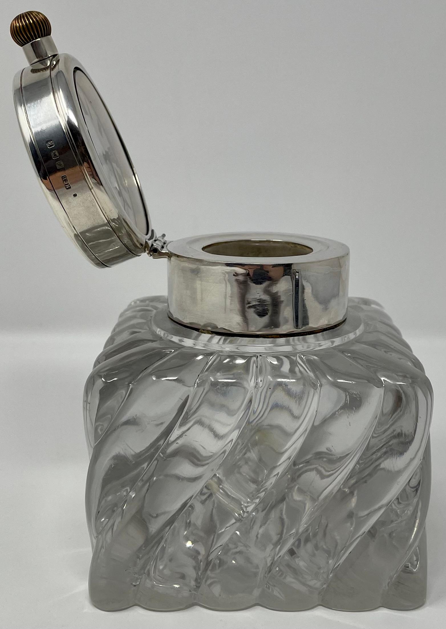 Antique English Hallmarked Sterling Silver & Crystal Clock Inkwell, Circa 1900 For Sale 1