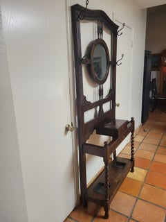Antique English Oak Halltree with 4 Hooks and Round Mirror