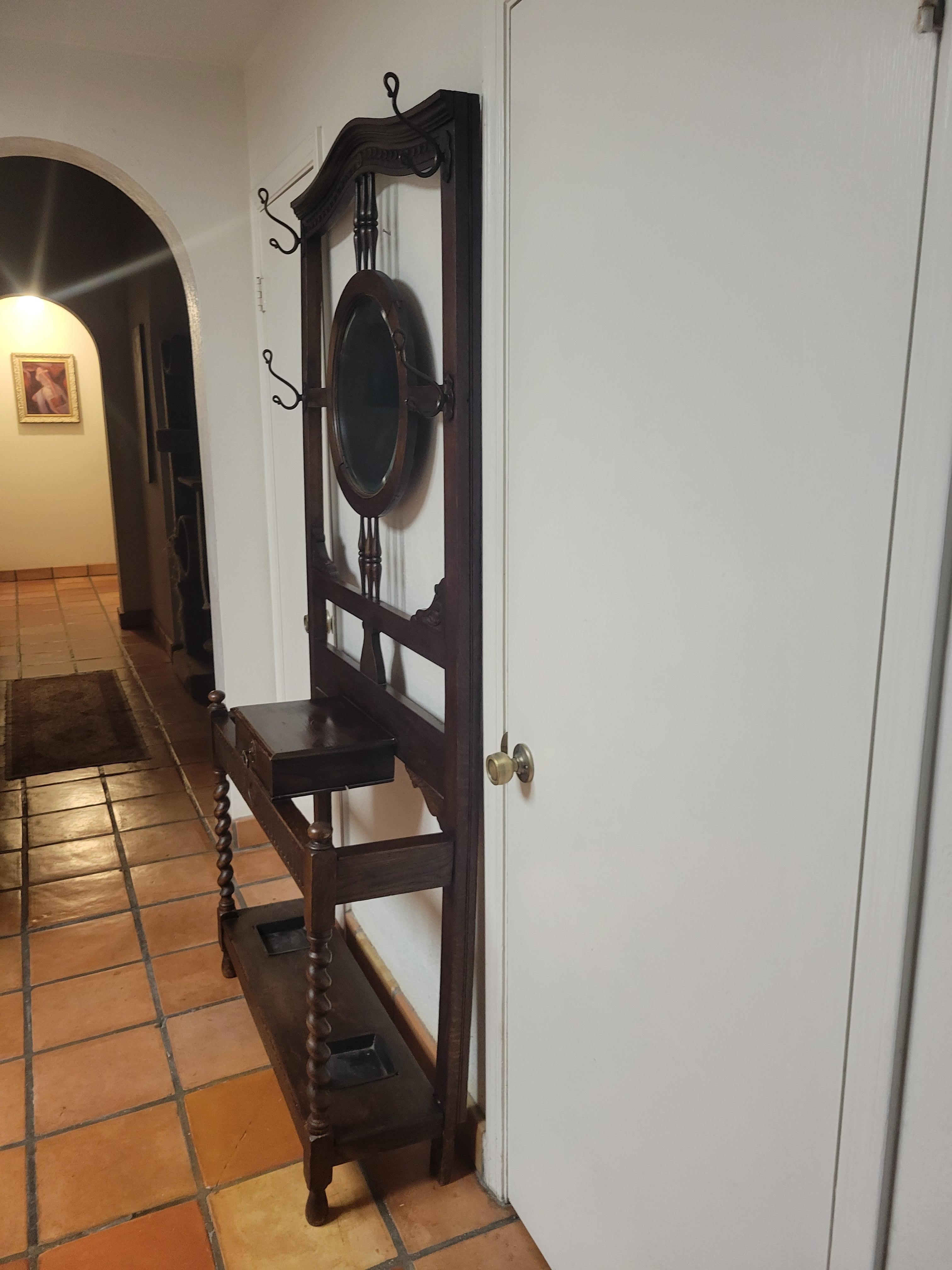 British Antique English Oak Halltree with 4 Hooks and Round Mirror