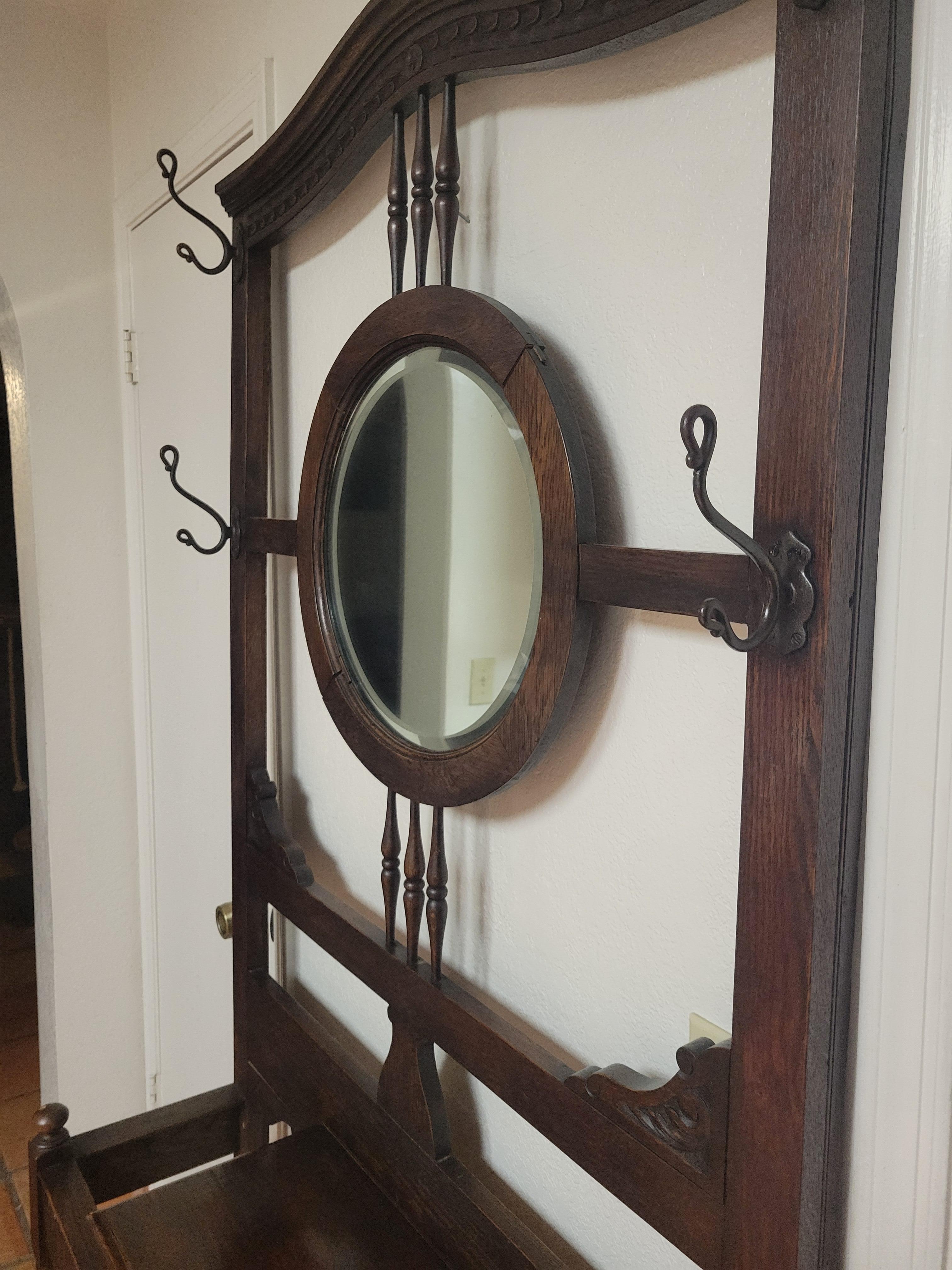 Antique English Oak Halltree with 4 Hooks and Round Mirror 1