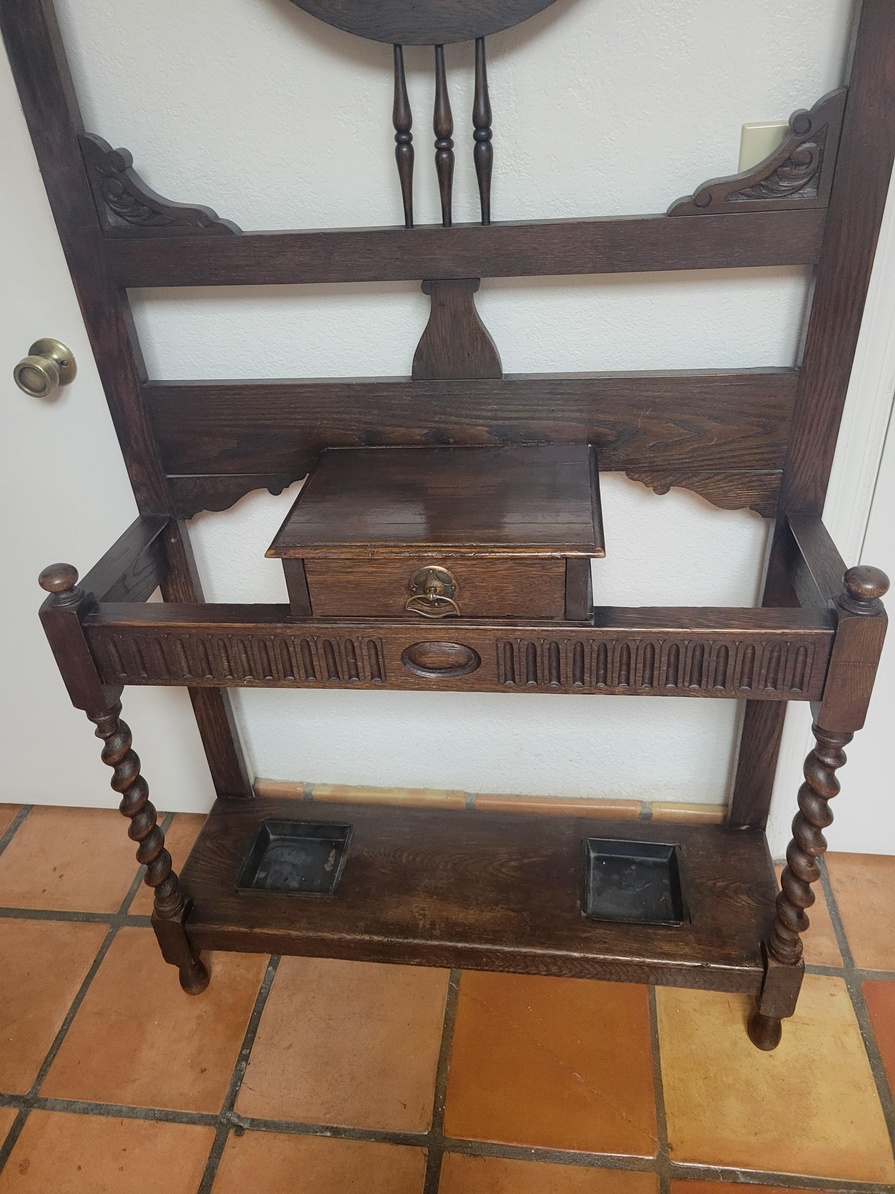 Antique English Oak Halltree with 4 Hooks and Round Mirror 2