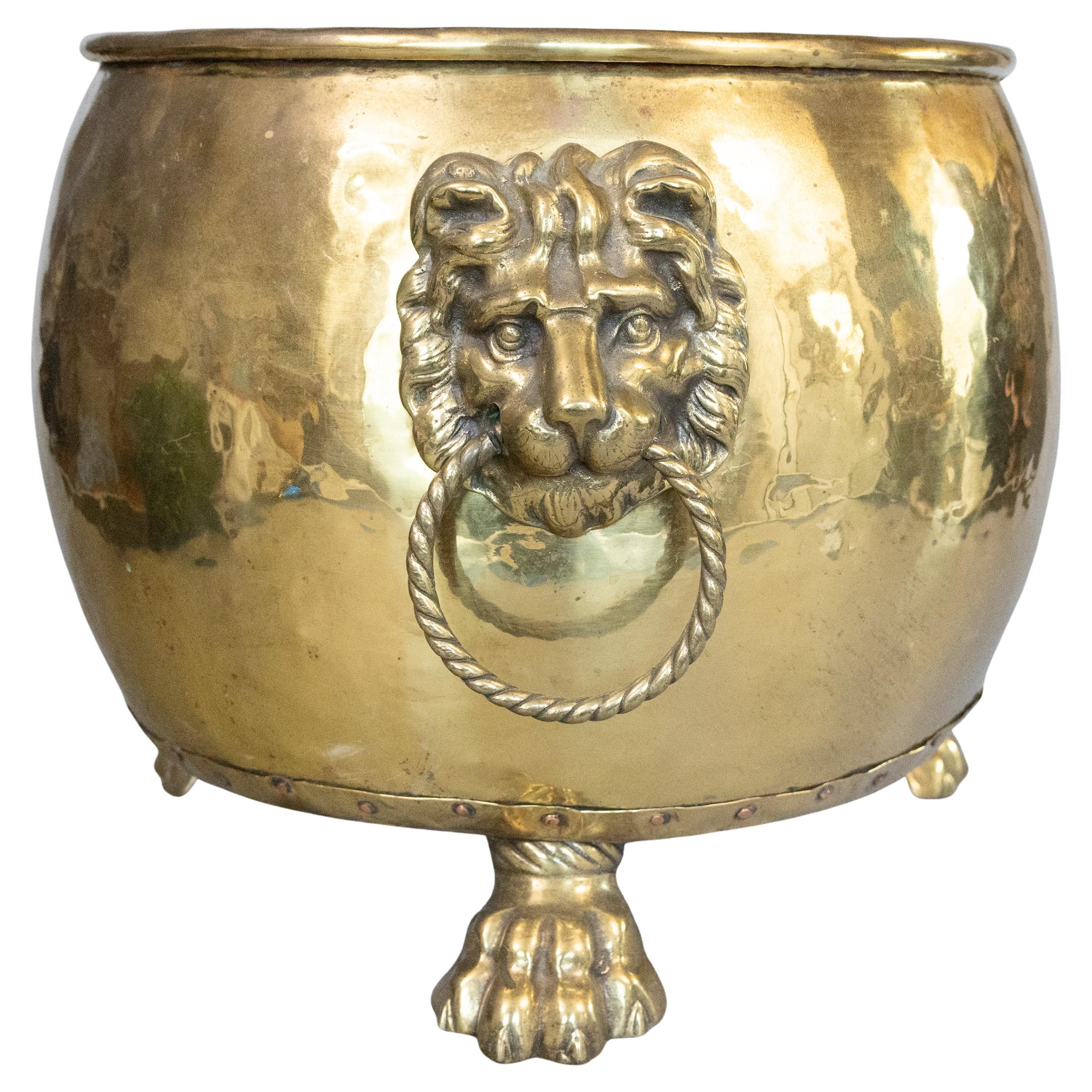 Antique English Hammered Brass Cauldron Planter Jardiniere with Lion Handles