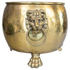 Antique English Hammered Brass Cauldron Planter Jardiniere with Lion Handles