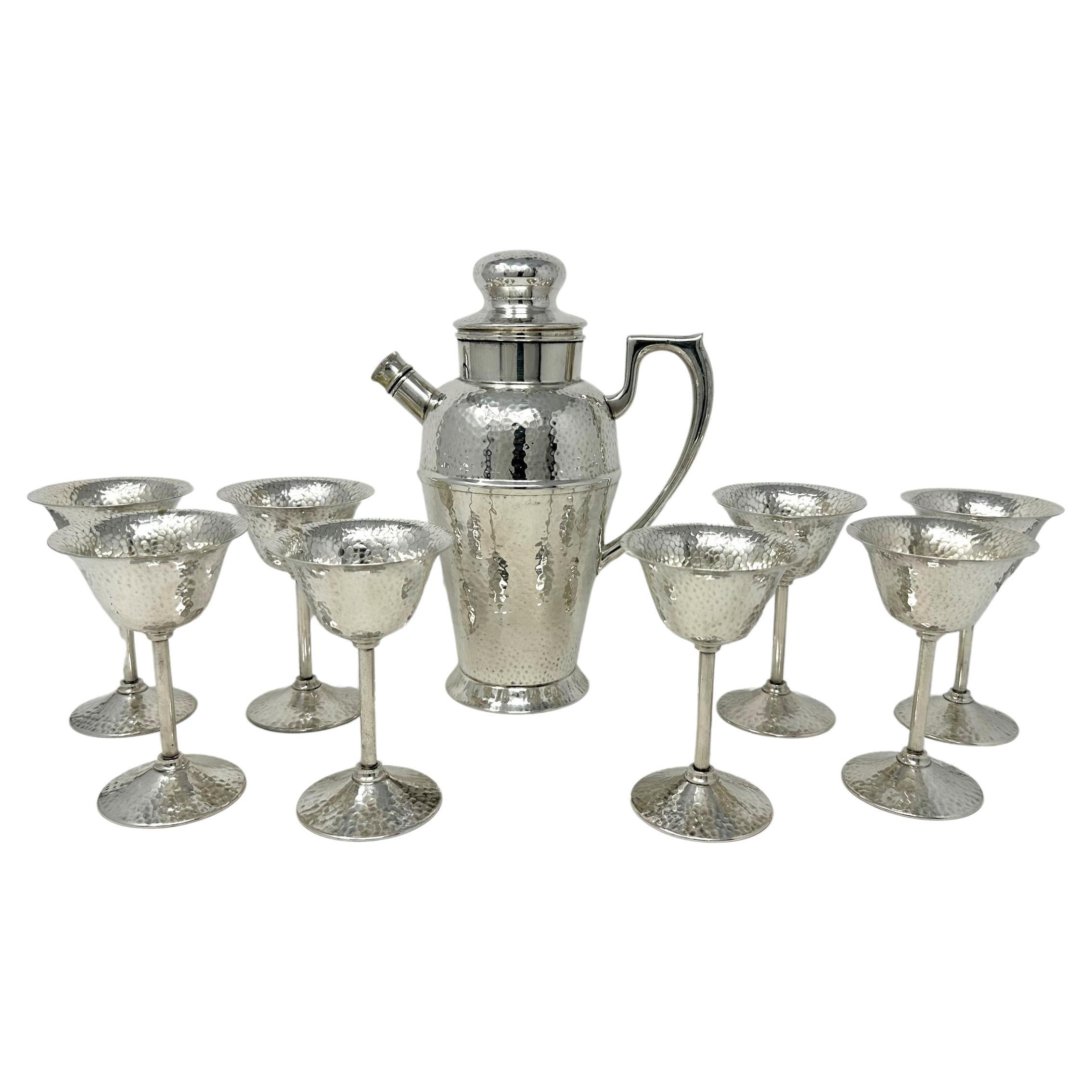 Antique English Hammered Silver Plate 9 Piece Cocktail Set, Circa 1920's. For Sale