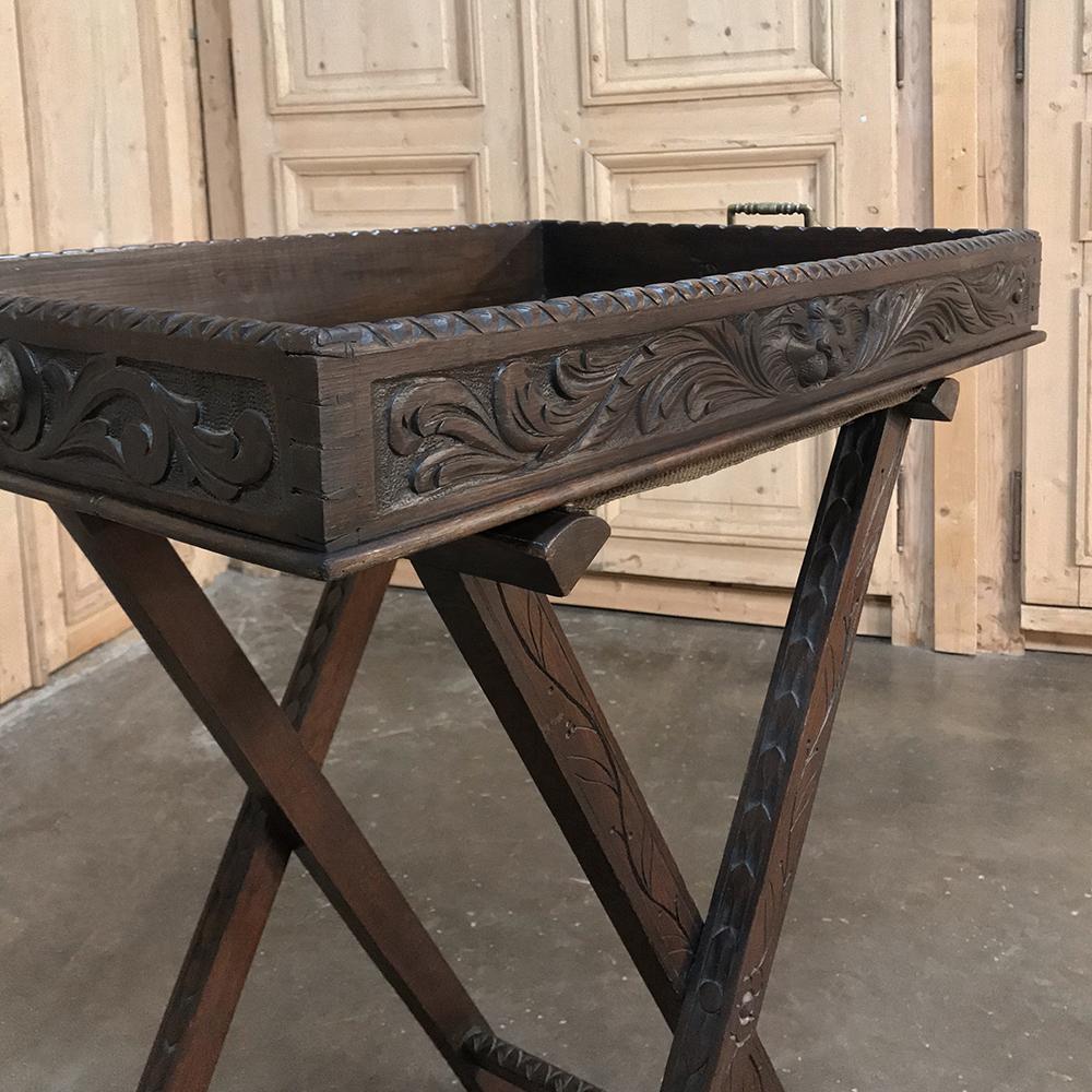 Renaissance Revival Antique English Hand-Carved Butler's Table, Tray