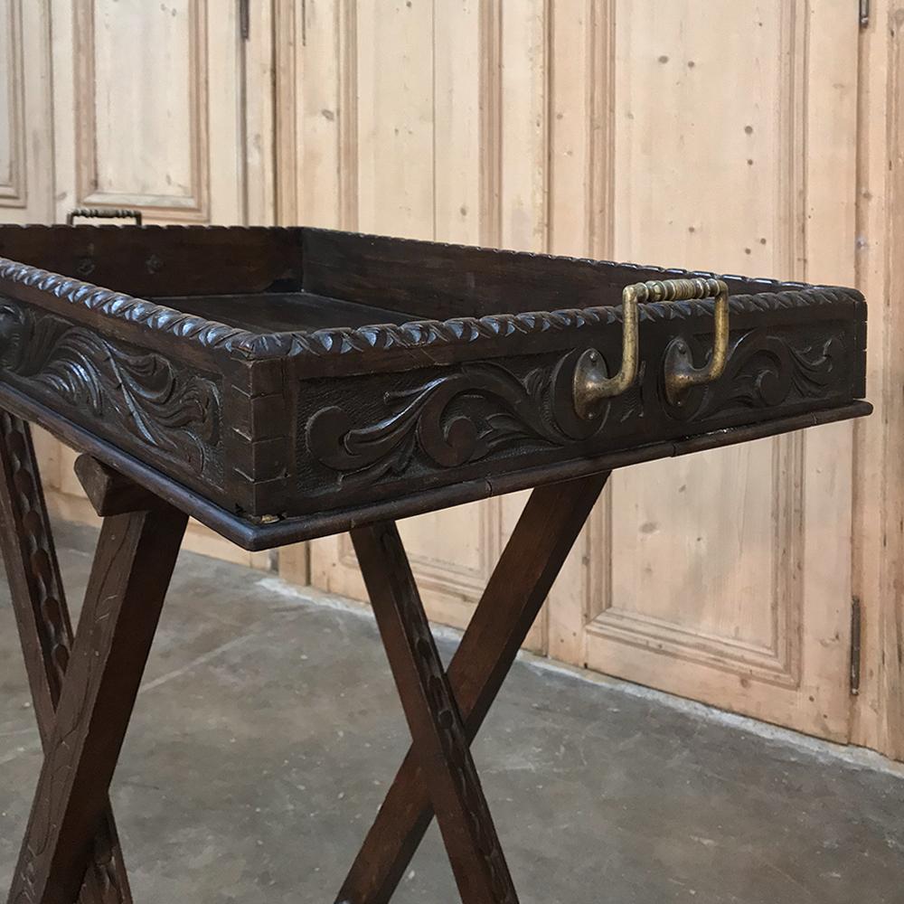 Antique English Hand-Carved Butler's Table, Tray In Good Condition In Dallas, TX