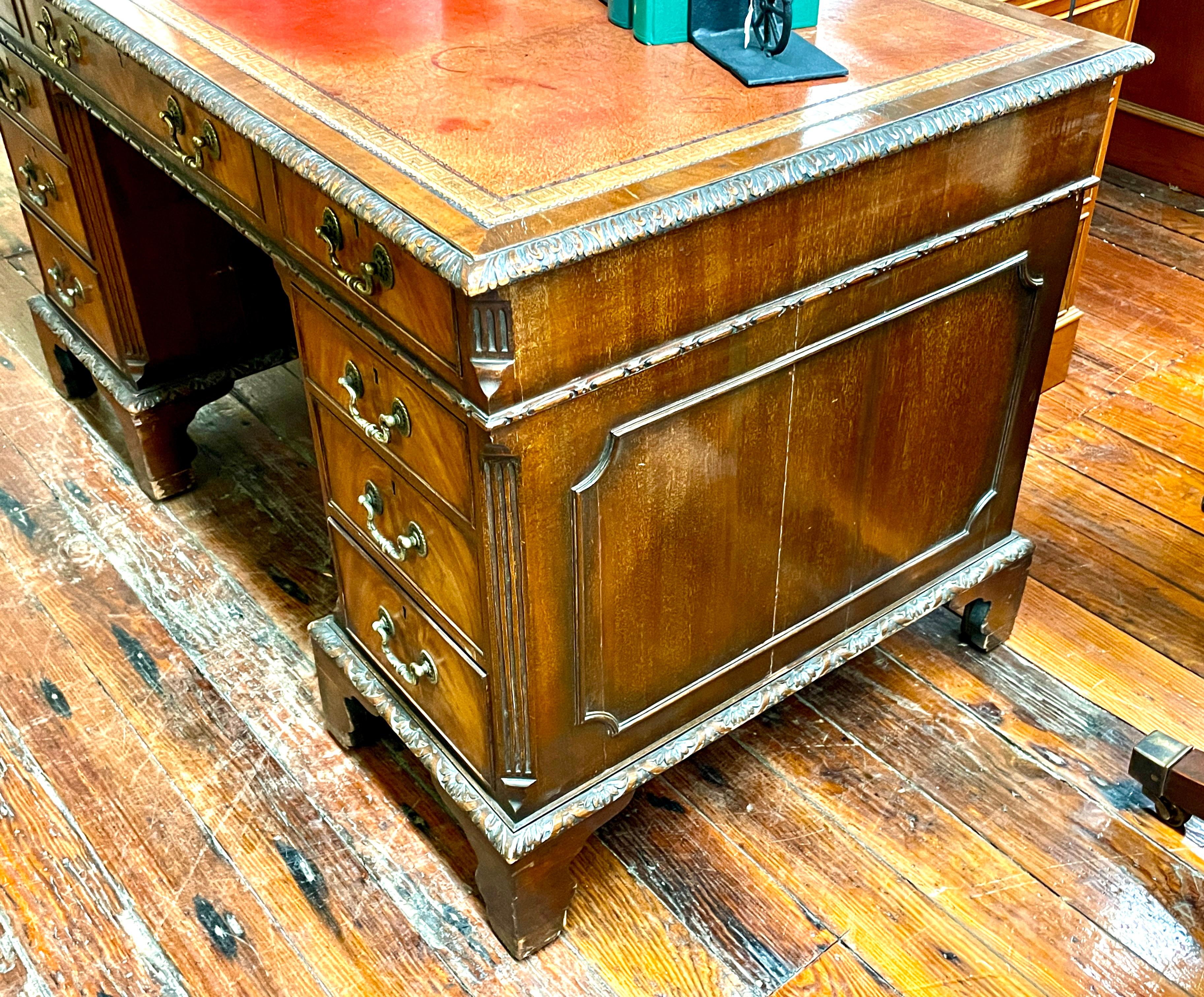 Antique English Hand Carved Mahogany Chippendale Style Pedestal Desk In Good Condition For Sale In CHARLESTON, SC