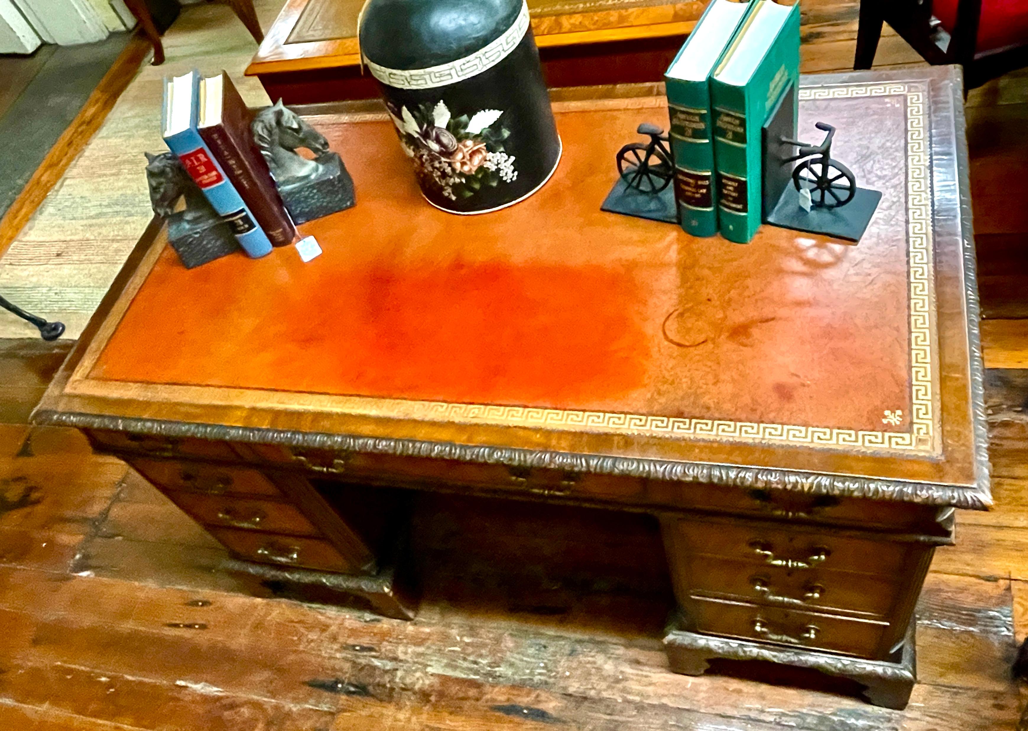 19th Century Antique English Hand Carved Mahogany Chippendale Style Pedestal Desk For Sale