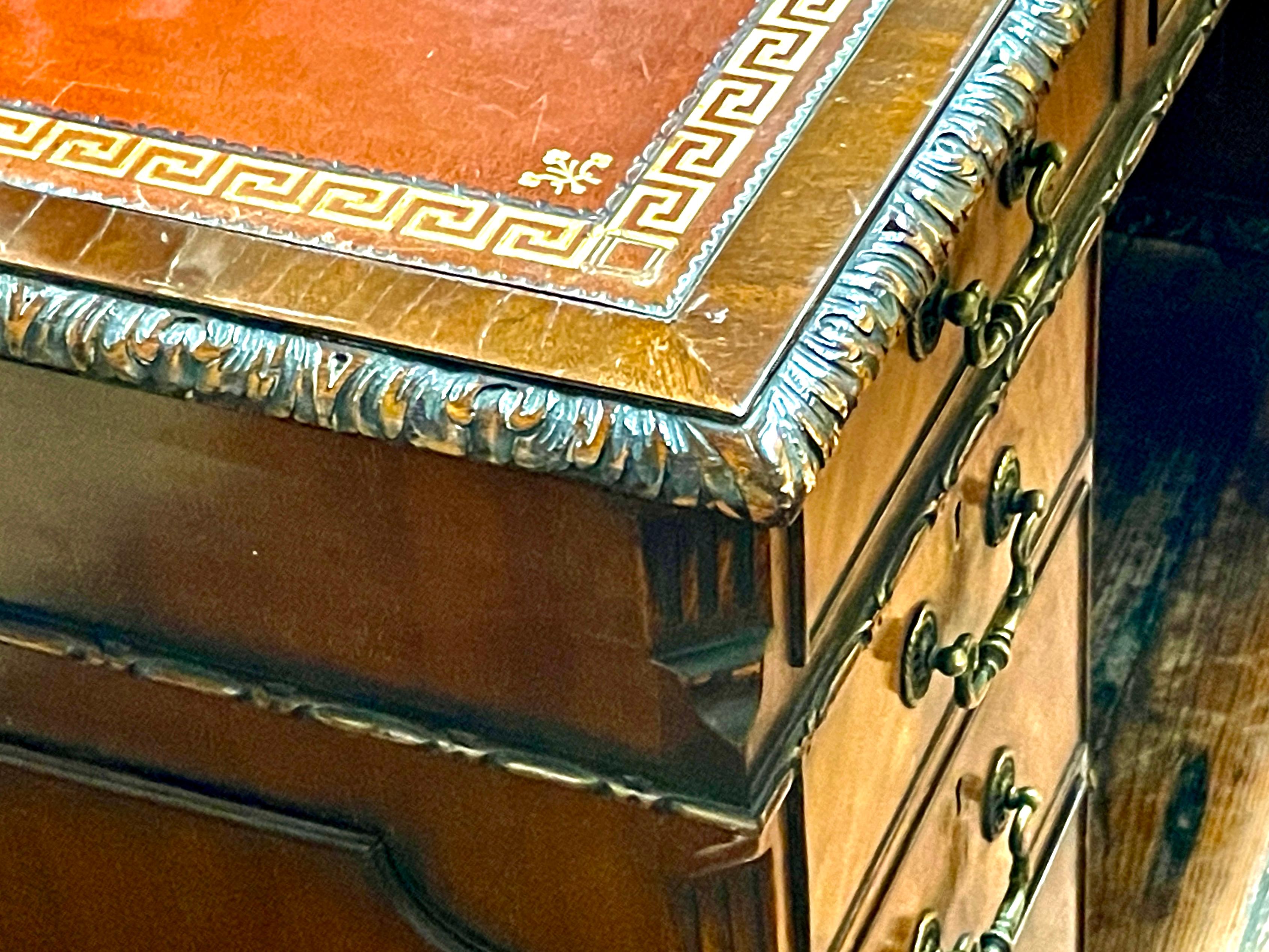 Leather Antique English Hand Carved Mahogany Chippendale Style Pedestal Desk For Sale