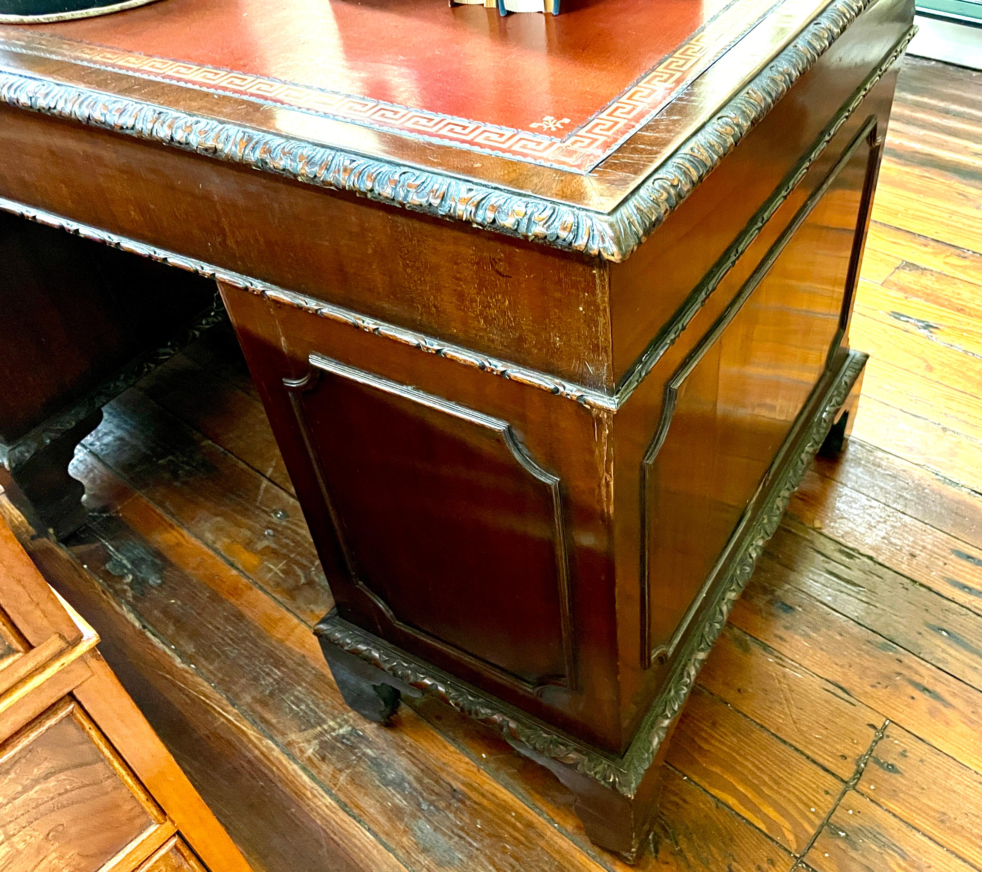 Antique English Hand Carved Mahogany Chippendale Style Pedestal Desk For Sale 2