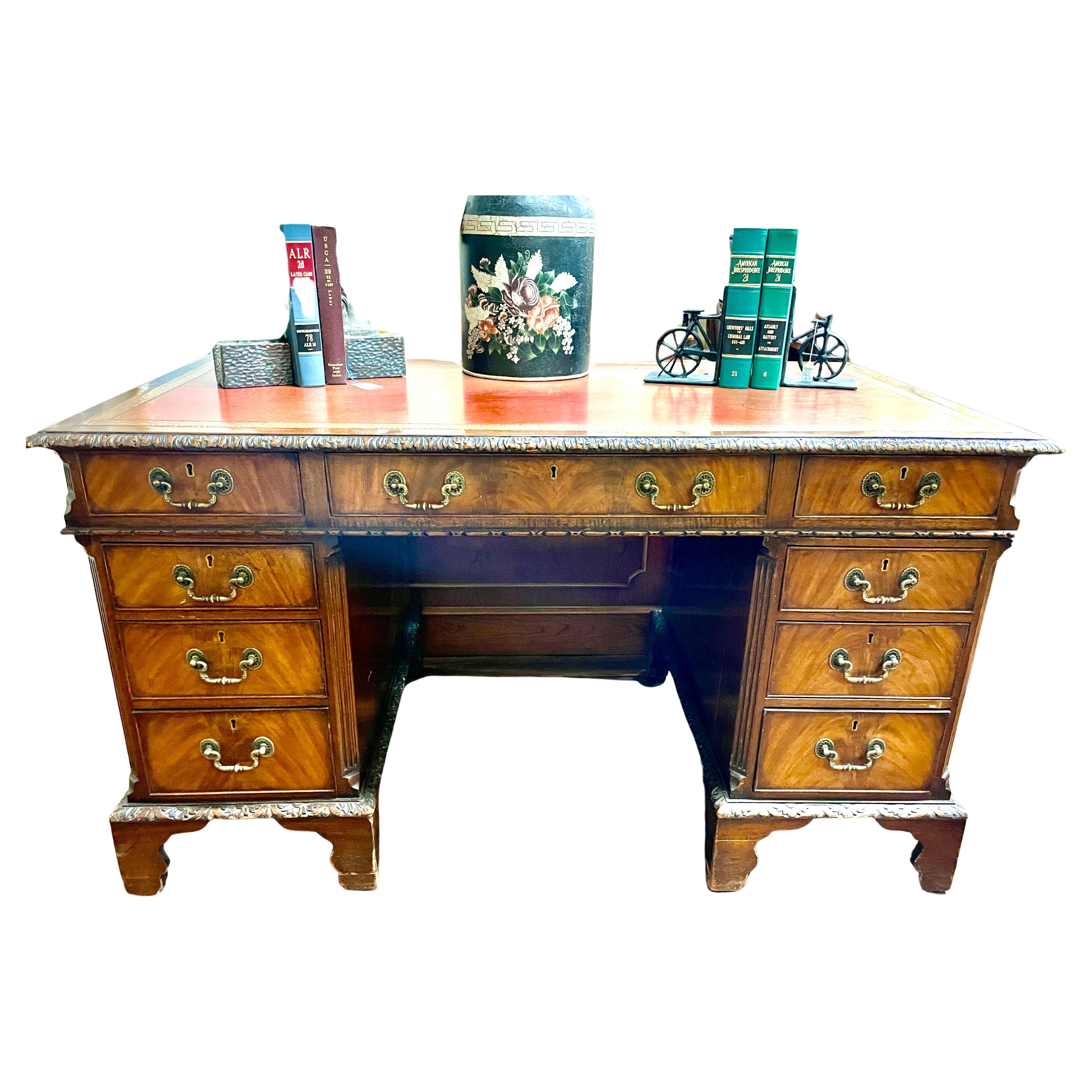 Antique English Hand Carved Mahogany Chippendale Style Pedestal Desk For Sale