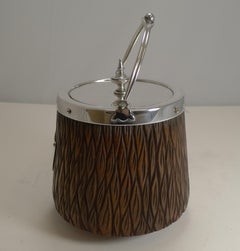 Antique English Hand-Carved Oak and Silver Plate Biscuit Box / Barrel