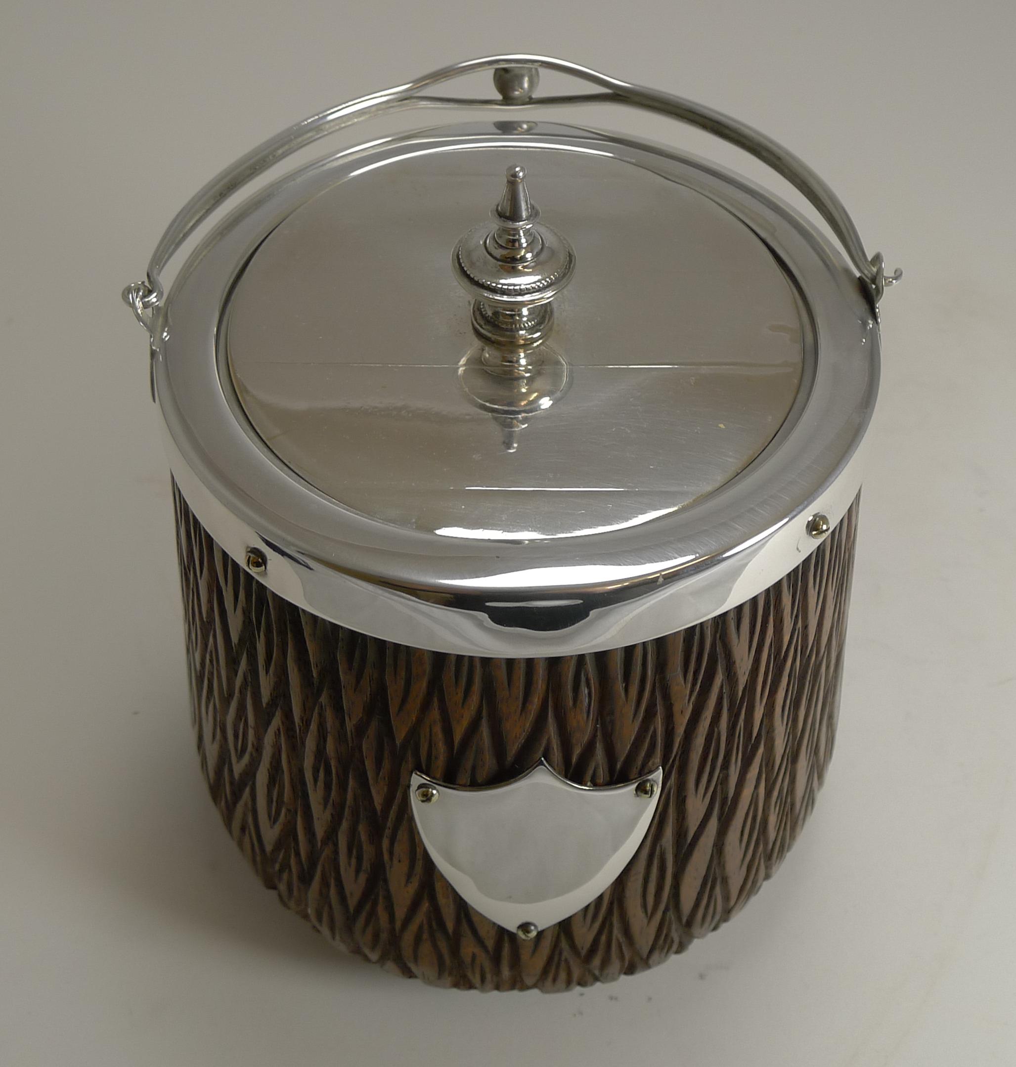 Late 19th Century Antique English Hand-Carved Oak and Silver Plate Biscuit Box / Barrel For Sale